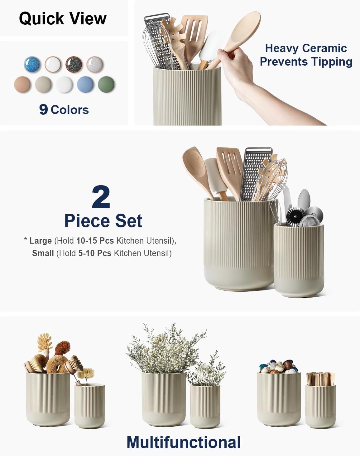 LE TAUCI Utensil Holder, 7.3"+5.4" Ceramic Kitchen Utensil Holder for Countertop, Large Cooking Utensil Crocks for Kitchen Counter, Modern Utensil Organizer for Spatula, Set of 2, Oatmeal Greige