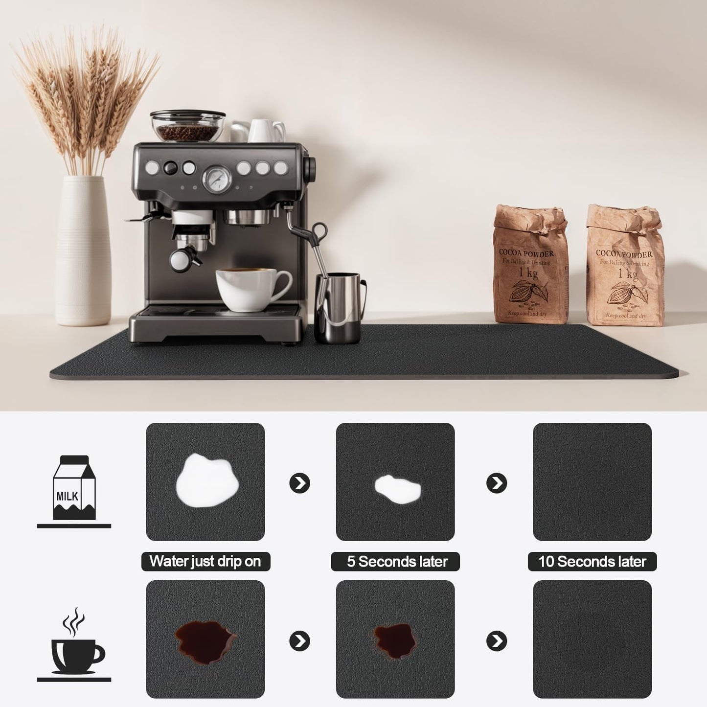 Dish Drying Mat for Kitchen Counter | Coffee Bar Mat for Countertops | Heat Resistant Drainer Mat with Non-slip Rubber Backed | Hide Stain Kitchen Absorbent Draining Mat | Black 18"x24"