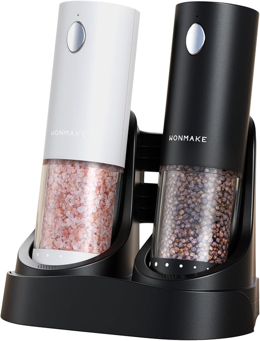 Electric Salt and Pepper Grinder Set - Automatic Refillable Salt and Pepper Grinders with Charging Base & LED Light, 6-Level Adjustable Coarseness with External Dial, Ideal Kitchen Gadget，Black& White