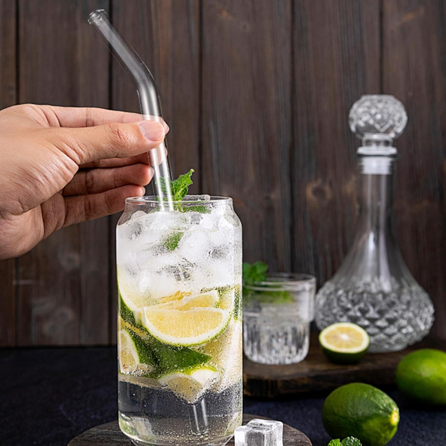 Lazycorner Reusable Glass Straws Set 16 Pcs 8.5''x 10MM Bent Clear Glass Drinking Straws, Set of 16 Bent with 4 Cleaning Brushes. Reusable Straws Perfect For Smoothies, Tea, Juice-Clear Cocktail.