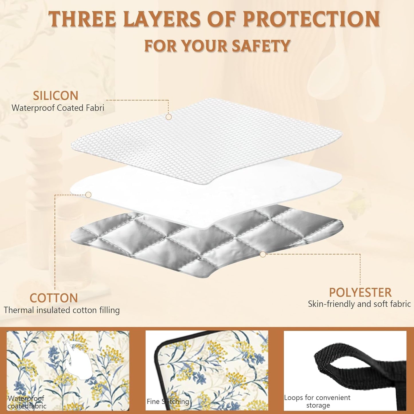 Vintage Floral Plan Pot Holders Set of 2 Heat Resistant Potholders,Yellow Blue Fire Oven Hot Pads for Kitchen Cooking Baking Barbecue