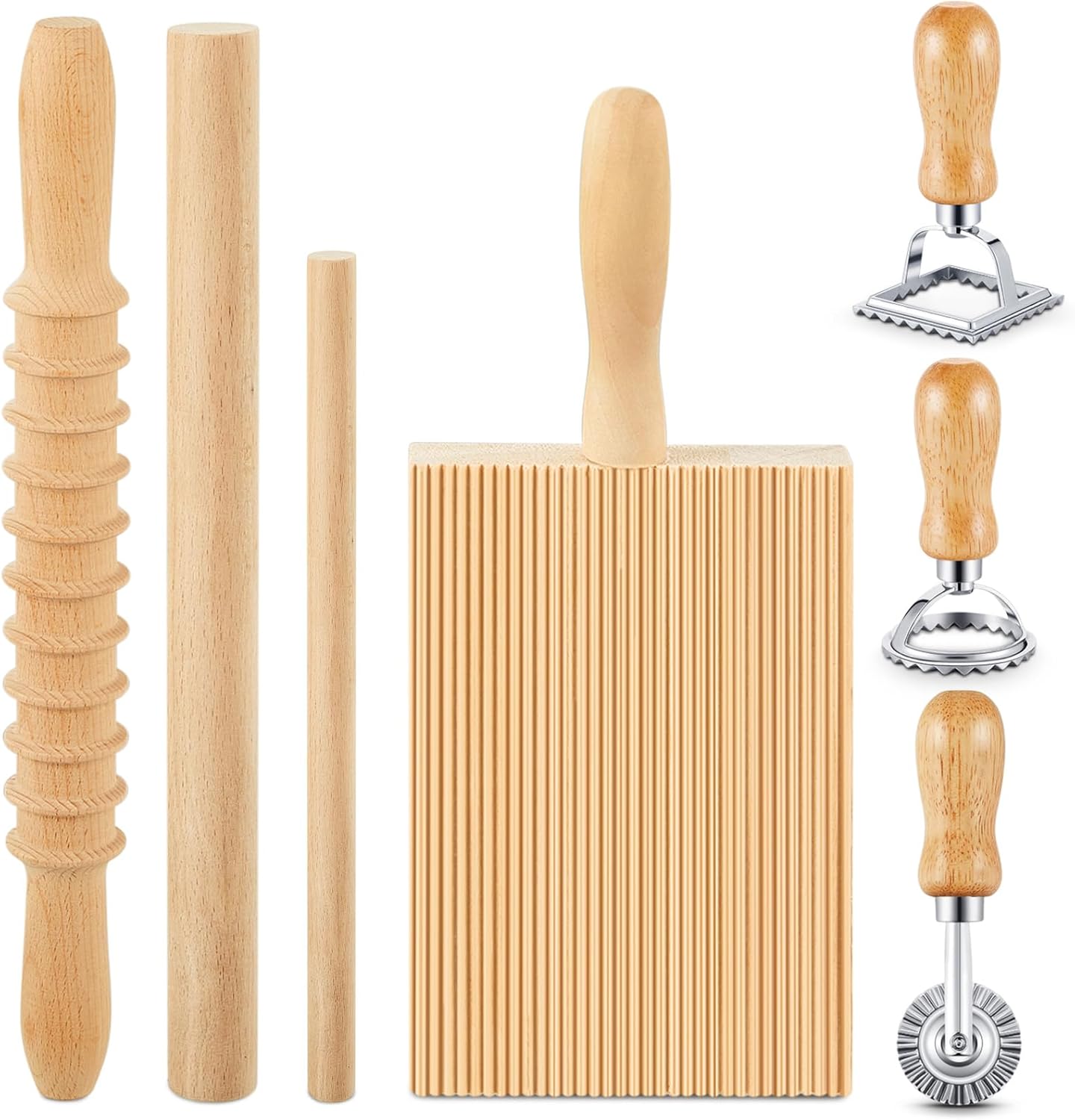 Tioncy 7 Pcs Gnocchi Pasta Making Tool, Wood Gnocchi Board with Ravioli Stamp and Rolling Pin Set Homemade Kitchen Gift for Baking Lovers(Pasta Style)