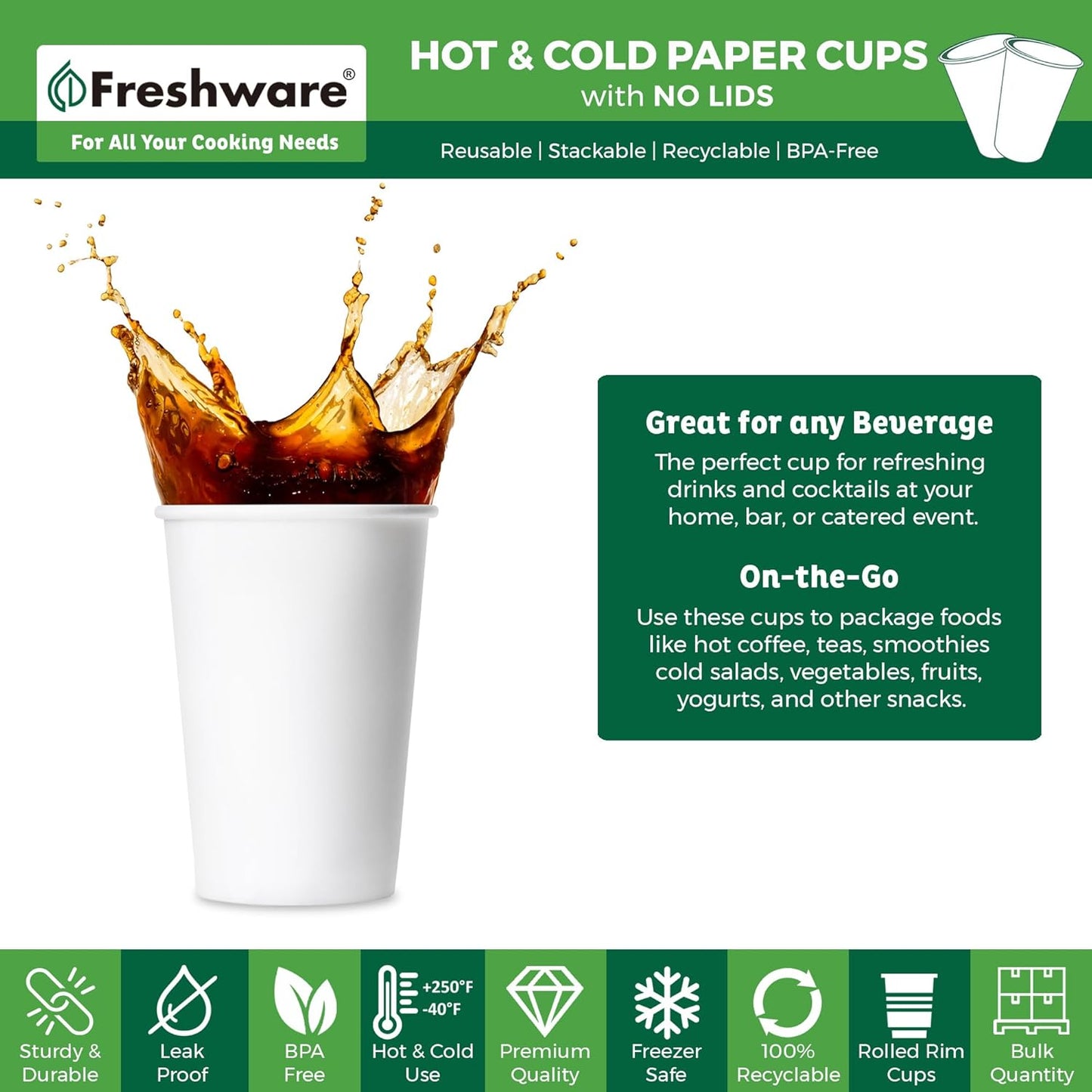 Freshware Coffee Cups 20 oz [300 Pack] Disposable Paper Cups for Hot or Iced Coffee Cup, Slushie Cup, Milkshakes, Smoothies, and Tea