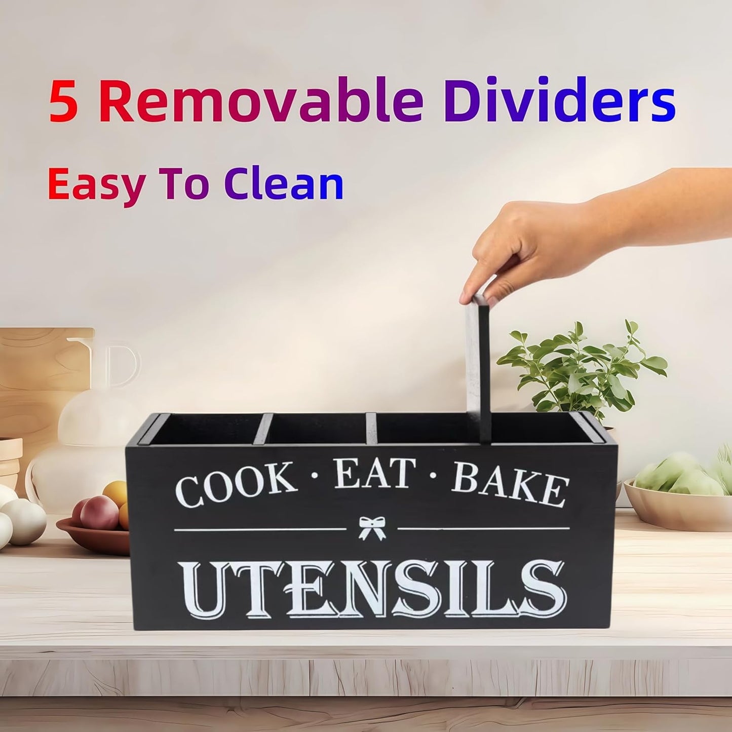 Utensil Holder,Extra Large Wooden Utensil Holder For Kitchen Counter,Cooking Spatula Organizer,Big Storage Caddy With 4 Compartments Flatware Spoon Tool Cutlery