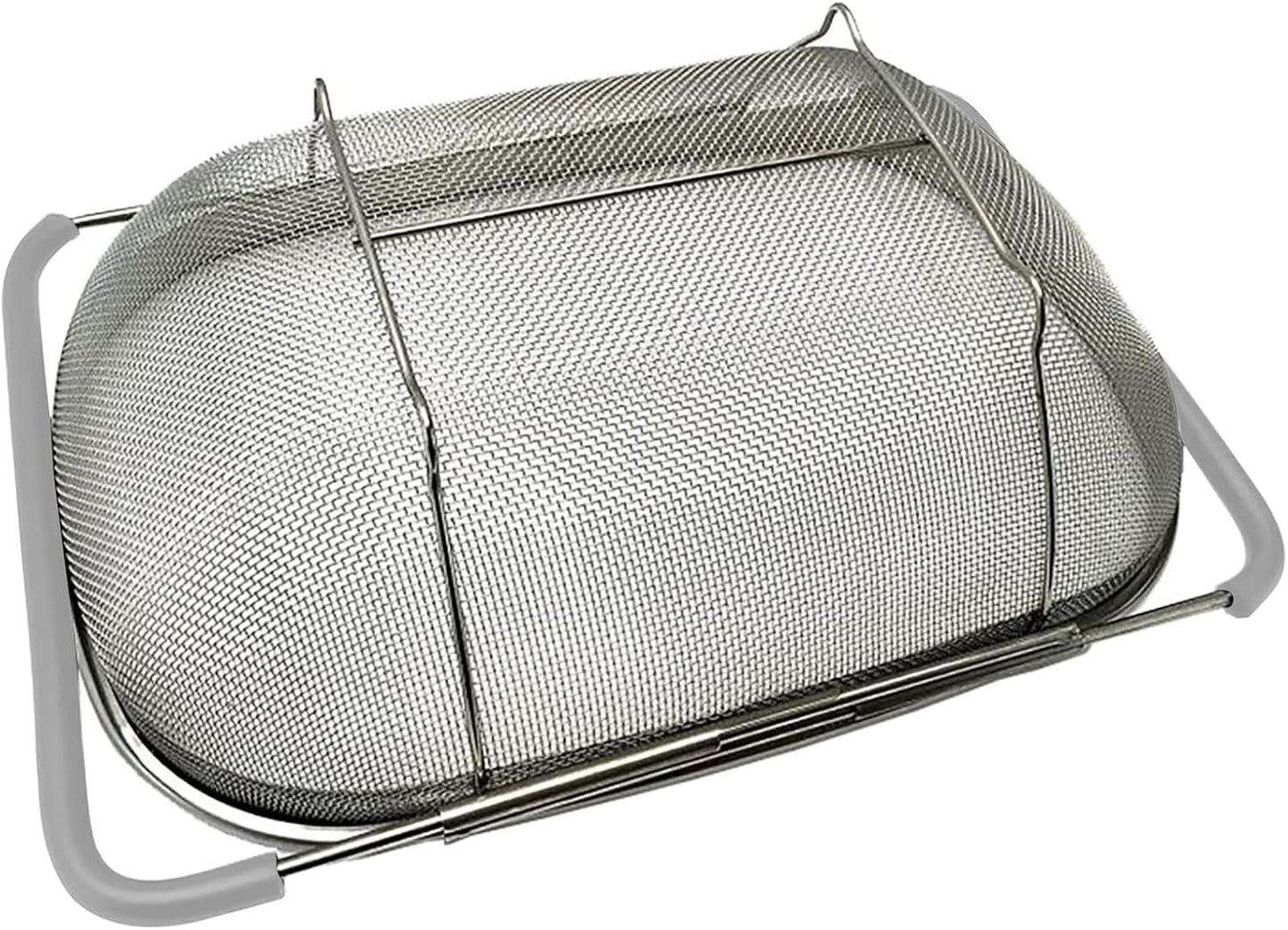 Over The Sink Colander, 6 Quarts Stainless Steel Oval Colander with Expandable Rubber Grip Handle, Fine Mesh Strainer Baskets Kitchen Colanders for Strain, Drain, Rinse Vegetables, Fruits, Grey
