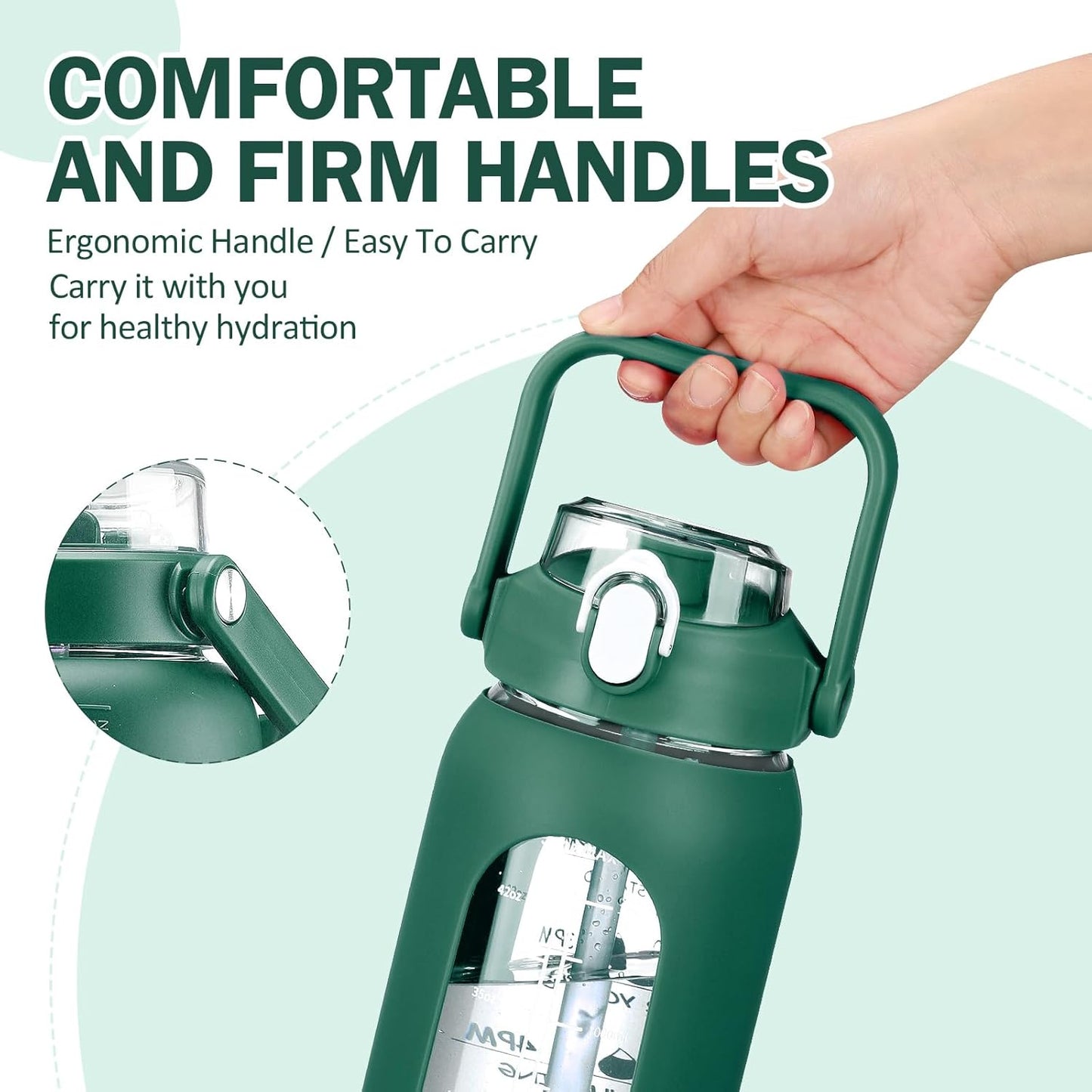 kytffu 56oz Glass Water Bottles with Straw, Motivational Glass Bottle with Silicone Sleeve and Time Marker, Leakproof Large Glass Water Jug for Gym Home Office,Ink green