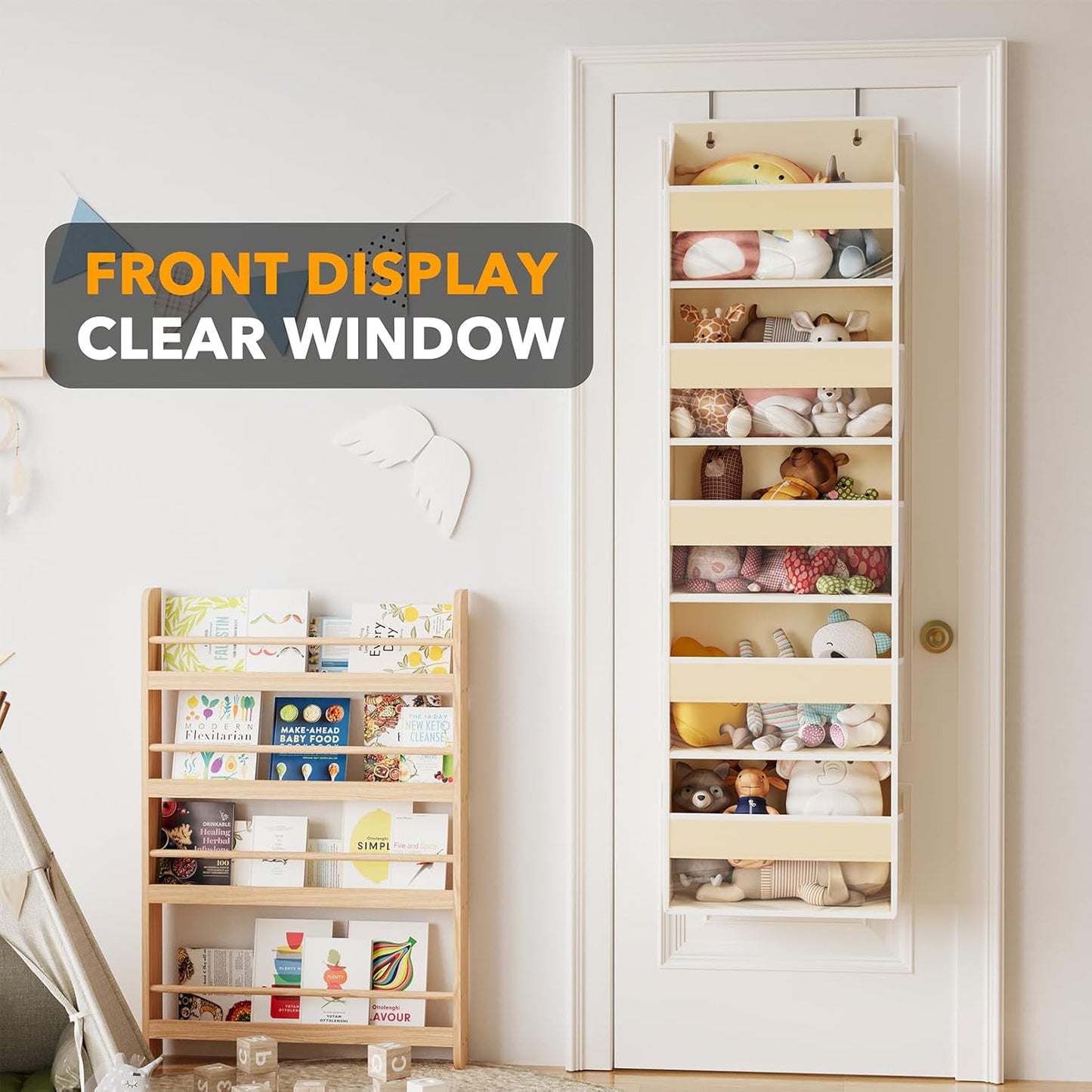 SpaceAid 2 Pack Over The Door Organizer with 5 Large Pockets and 10 Mesh Side Pockets, 5 Layers Door Organizer Hanging with Clear Window for Bedroom, Bathroom, Pantry and Nursery, Beige