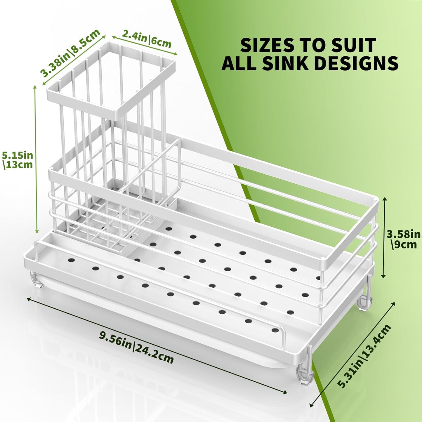 Cisily Kitchen Sink Caddy Organizer, Sponge Holder, Detergent Brush Holder, Plug Storage, White, Stainless Steel, Adjustable, 3 Compartments, 9.56" x 5.15" x 5.15"