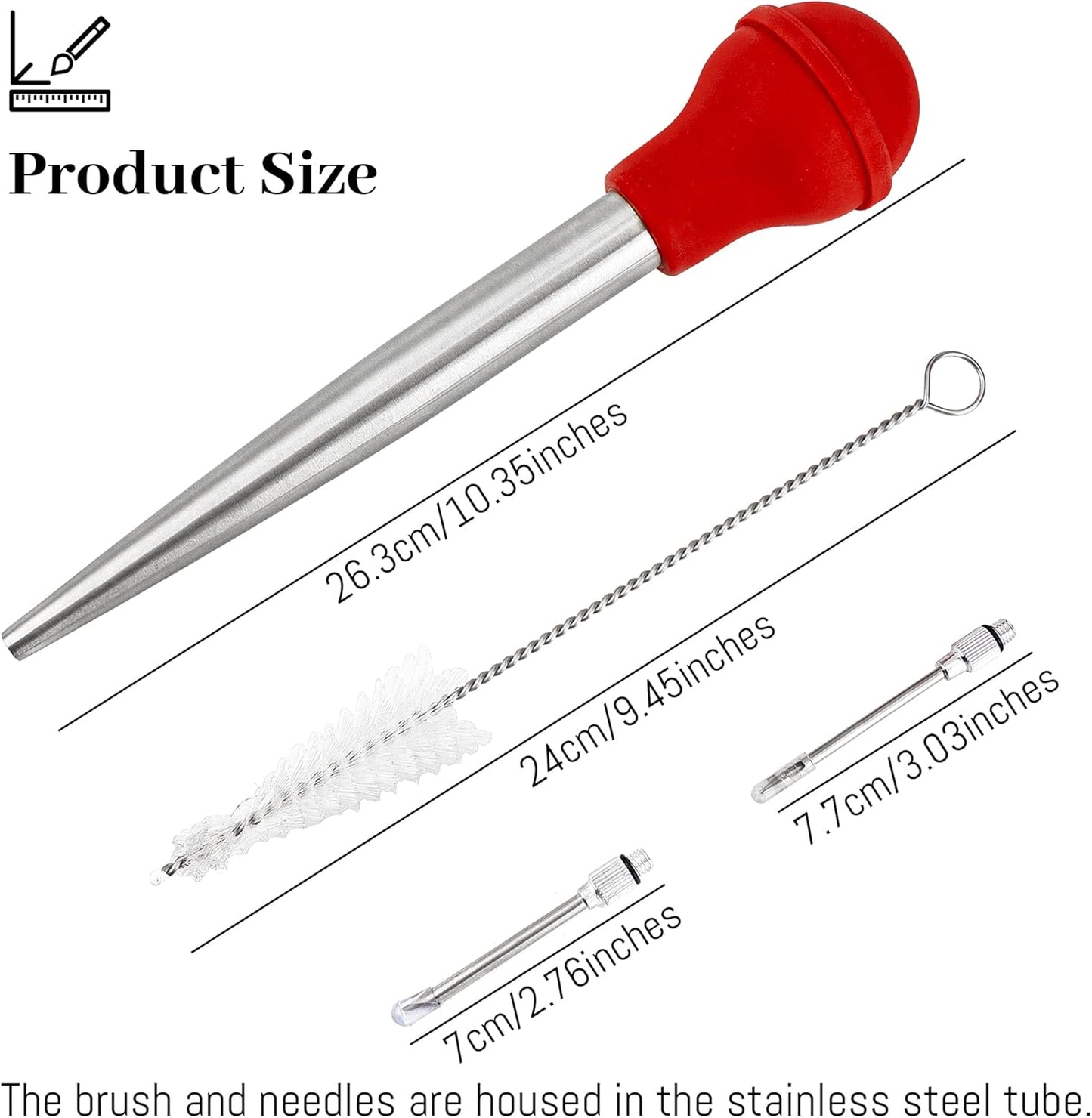 Turkey Baster Syringe for Cooking, Large Stainless Steel Meat Injector, with Cleaning Brush and 2 Marinade Needles, Red