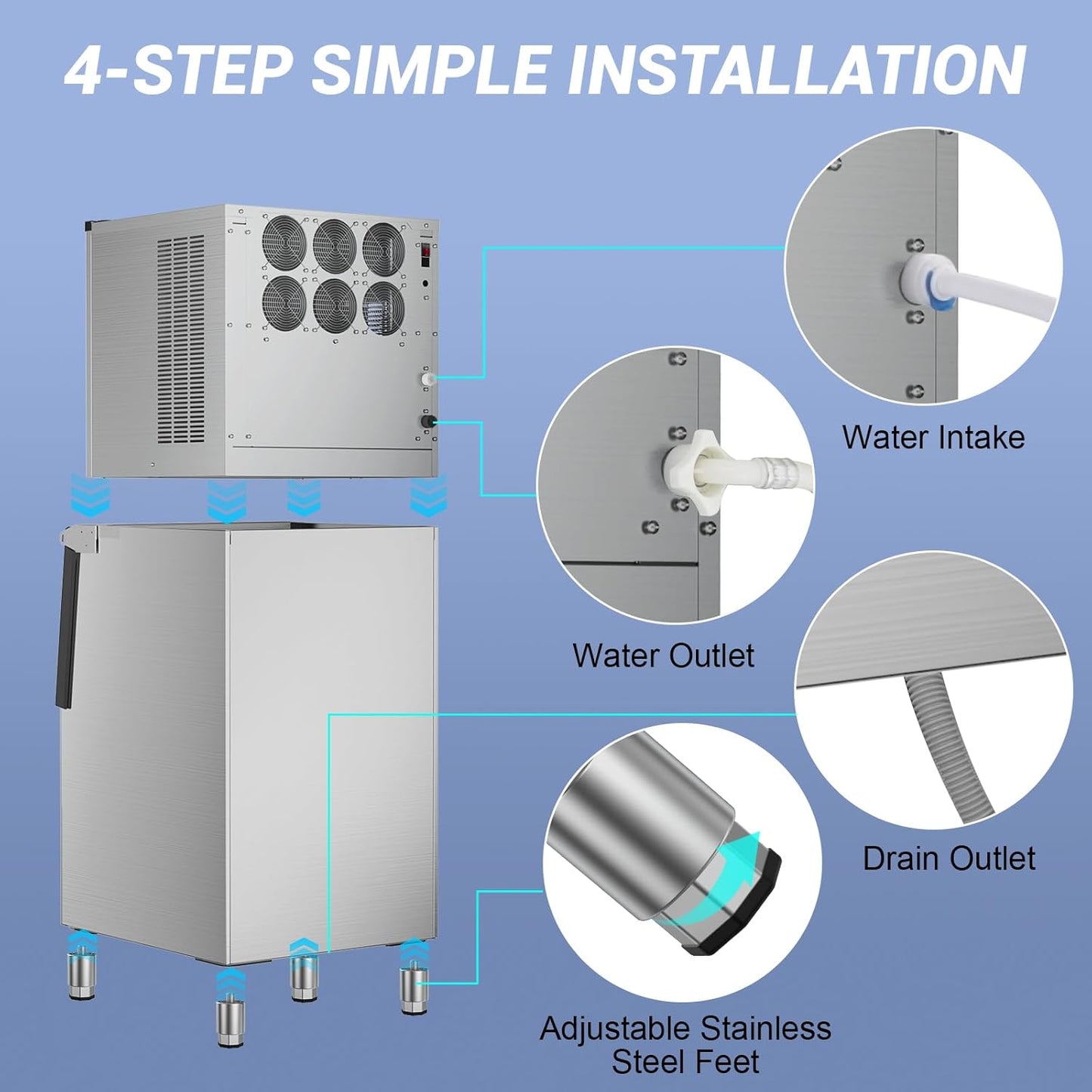 Ice Maker Commercial Ice Machine Large Capacity Stainless Steel 500 Lbs/24H Industrial Ice Machine, 350 Lbs Storage Commercial Ice Machines Free Standing, Cubes Ice Makers Commercial