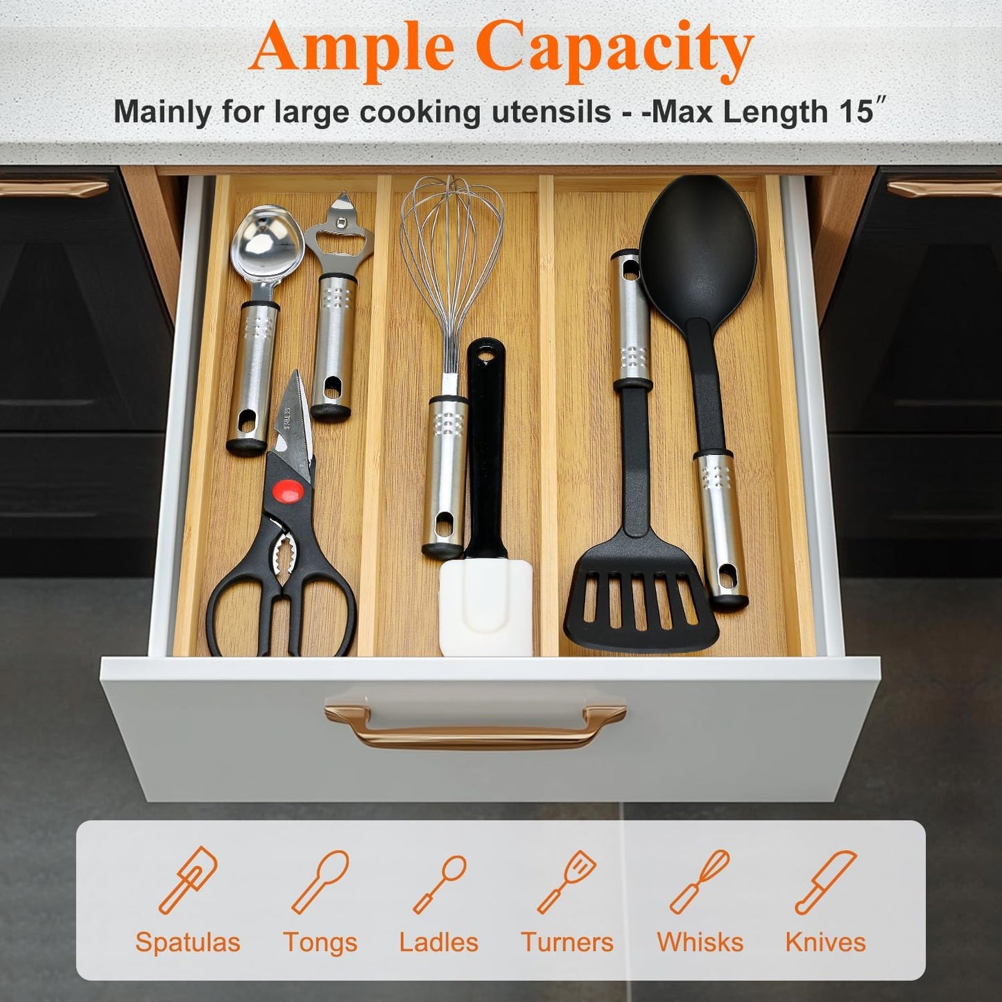 Large Bamboo Silverware Drawer Organizer Tray Kitchen Tool Drawer Divider Organizers Storage Expandable Cooking Utensil Organizer Wooden Cutlery Tray Spoon Flatware Organizers Utensil Holder Drawers