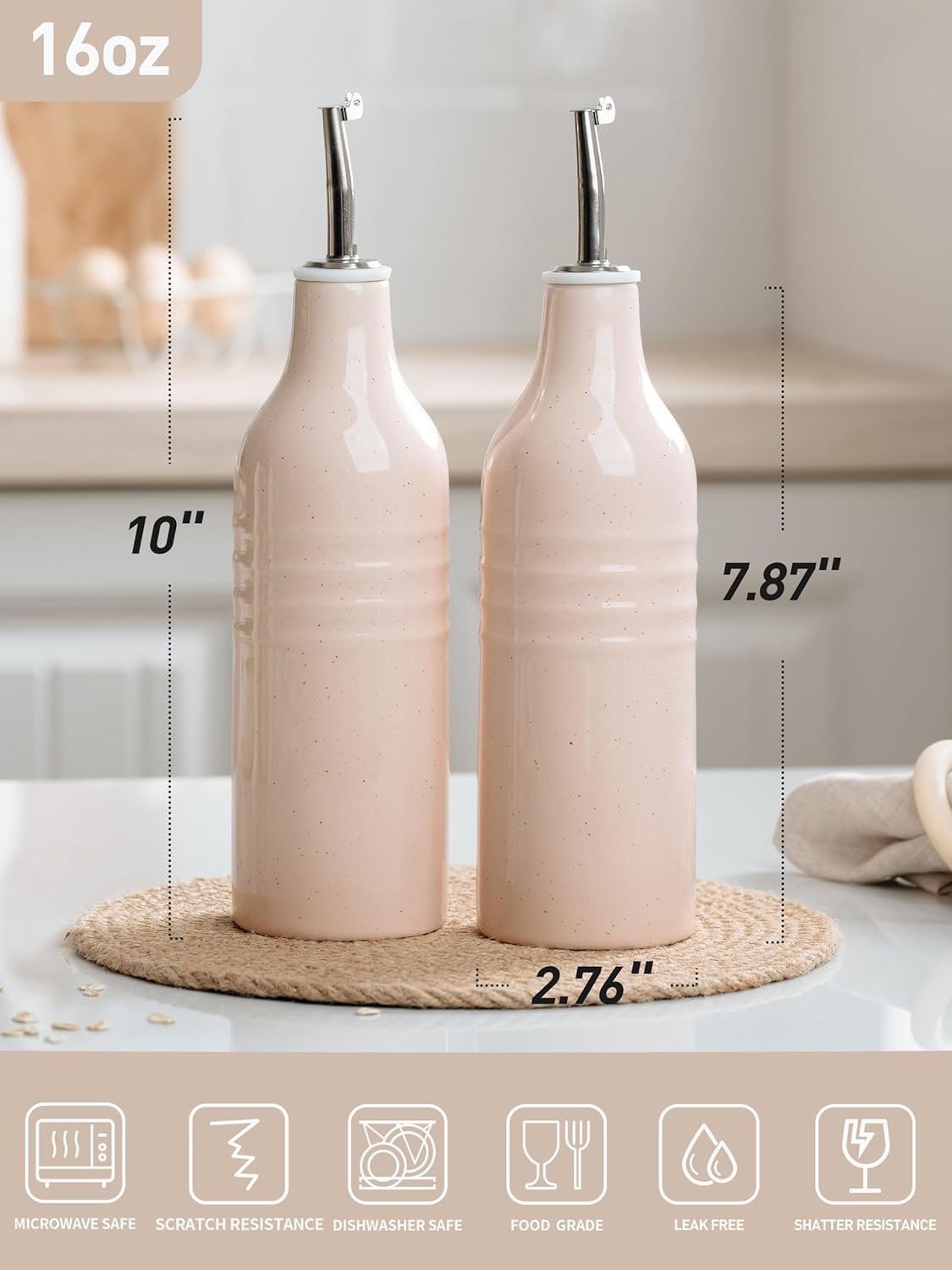 famiware Jupiter 16oz Ceramic Olive Oil Dispenser Bottle, Olive Oil and Vinegar Dispenser Bottle Set of 2 with Stainless Steel Pourers, Suitable for Storage Vinegar, Liquids, Light Pink