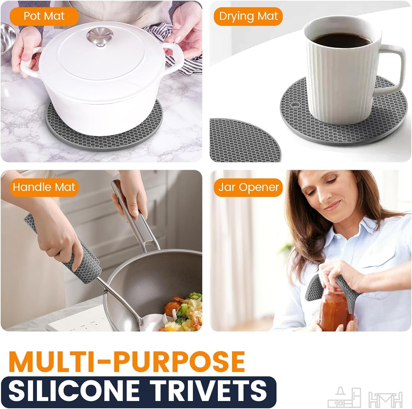 Silicone Trivet Mats 4 Heat Resistant Pot Holders Multipurpose Non-Slip Hot Pads for Kitchen Potholders, Drying mat, Jar Opener, Spoon Holder, Coaster.(Dark Grey)