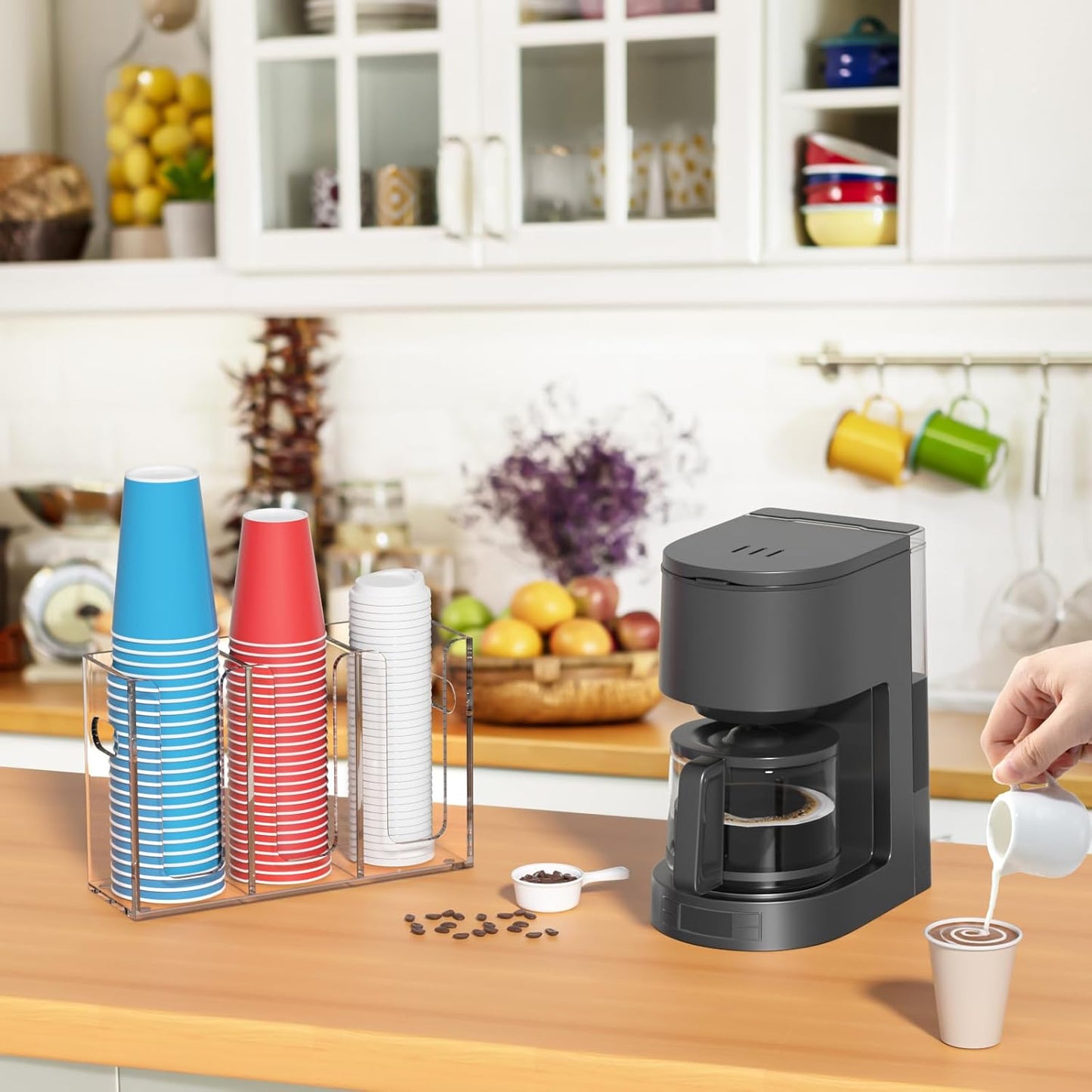 WINFFOR Disposable Cup Organizer Dispenser - 3 Compartments Clear Acrylic Cup and Lid Holder with Handles Plastic Cup Dispenser Countertop Paper Cup Holder for Coffee Bar House Party Essentials