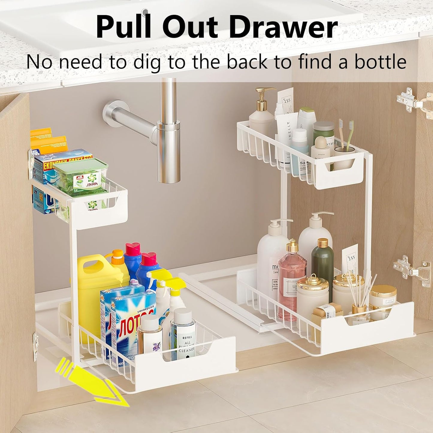 Under Kitchen Sink Organizers and Storage Pull Out 2 Tier Metal Bathroom Cabinet Organizer (White, 2 Pack)