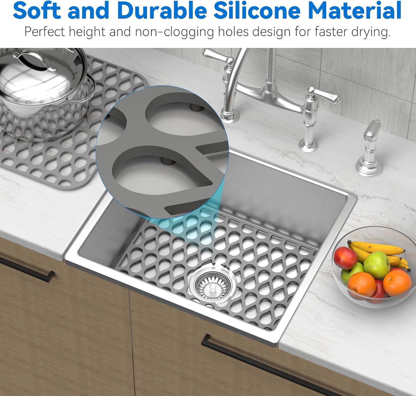 Silicone Sink Mat 2PCS TOOVEM Sink Protectors for Kitchen Sinks, Non-Slip Folding Grid for Bottom of Farmhouse Stainless Steel Porcelain Sink Pad