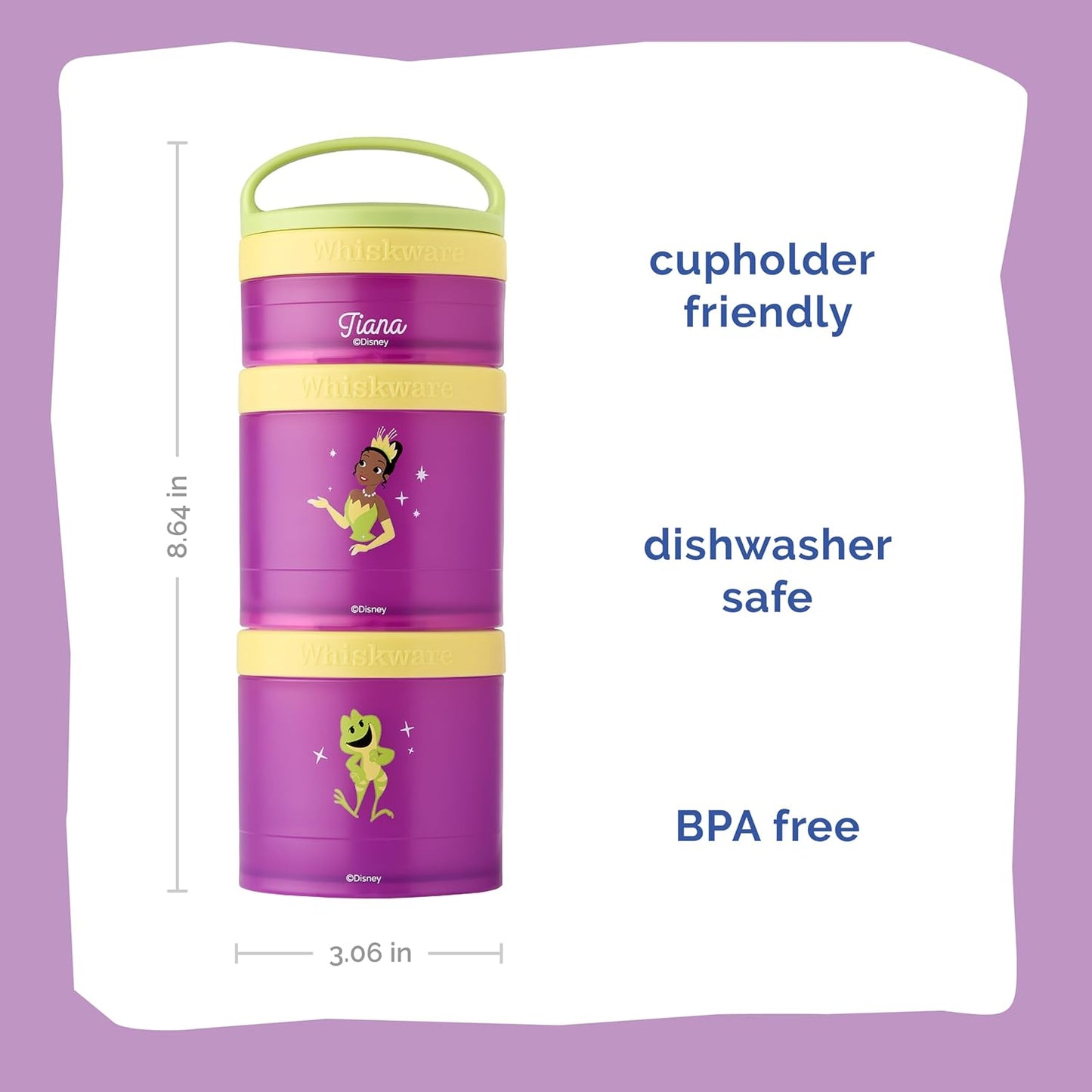 Whiskware Disney Princess and the Frog, Stackable Snack Containers for Kids, 3 Stackable Snack Cups for School or Travel, Formula and Cupholder Friendly, Tiana