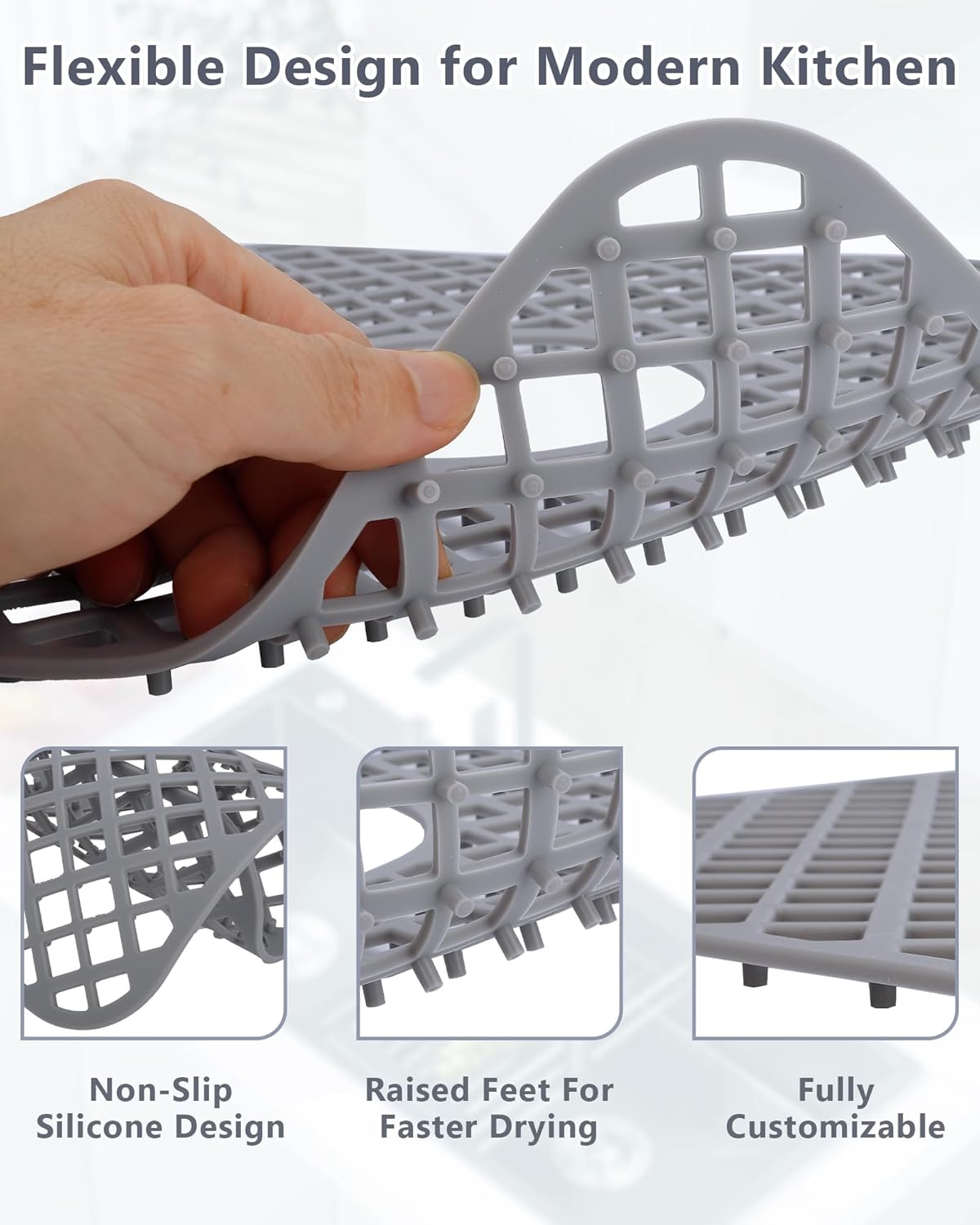 2 Pack Silicone Sink Protectors for Kitchen Sink, Lozenge Pattern 13 x 11 Inches Sink Mat, Non-Slip and Durable Sink Protector Silicone, Rear Drain, Gray