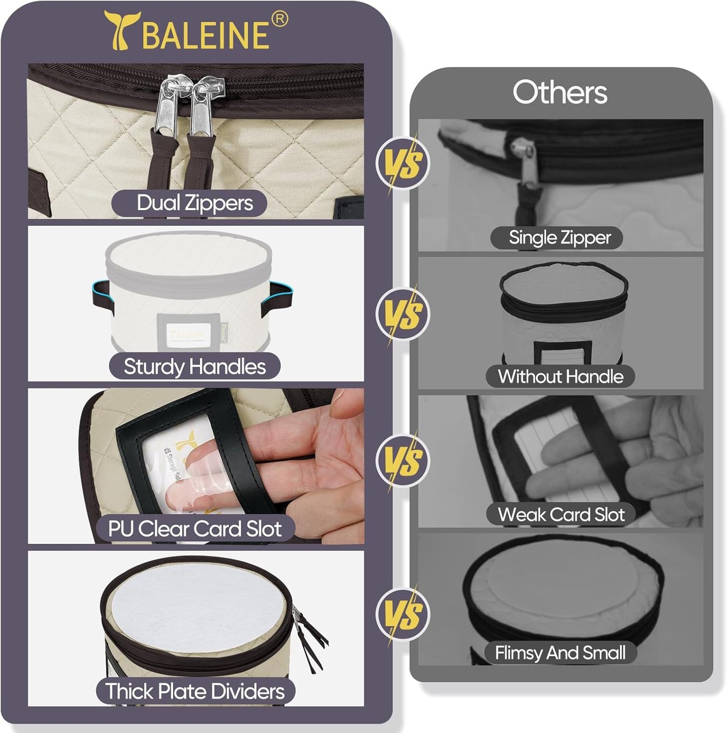 BALEINE China Storage Containers, Sturdy Quilted Wine Glass Storage, Plate Organizer with Carry Handles, Moving Boxes for Dishes, Cups, Mugs and Stemware (Plate Mug Combo, Soft Shell Cream)