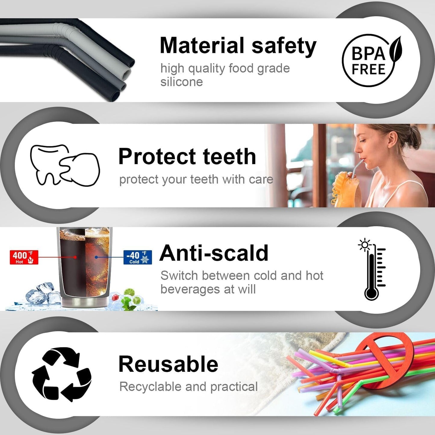 Walfos Reusable Silicone Straws -10.5 Inch Flexible Drinking Bendy straws for Smoothies/20 & 30 oz Tumblers, BPA Free (6 pcs Wide + 1 Cleaning Brushes ）