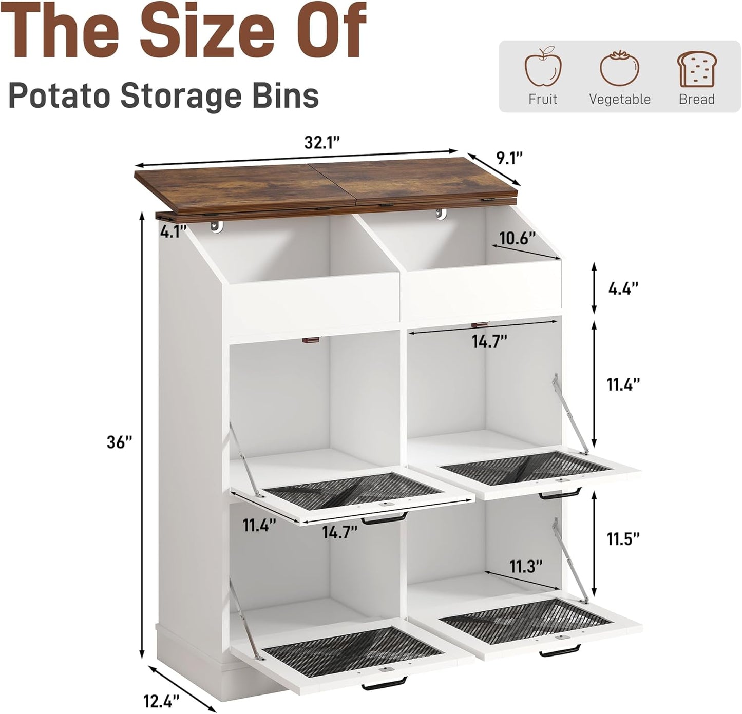 Large Wood Bread Box for Potato,Onion.Veggie Bin W/6 Large Storage Box.Root Vegetable Storage Box For Kitchen,Farmhouse Potato Storage Bin W/4 Mesh Doors,Bread Keeper for Toast,Bagel,Donut,Cookies