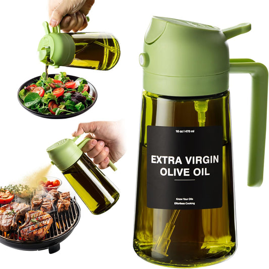 CXINYI - 16oz/470ml Olive Oil Dispenser for Kitchen with Stickers - 2 in 1 Olive Oil Sprayer for Cooking, Air Fryer, and Salad, Green (Light-Proof Kitchen Gadget)