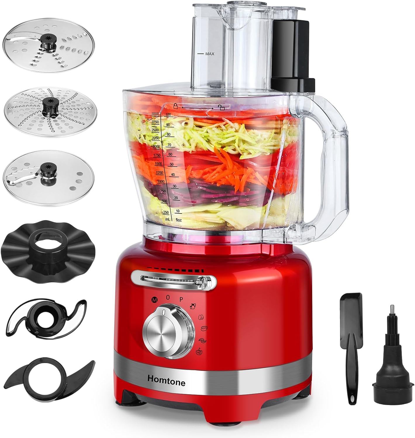 Homtone 16 Cup Food Processor, Large Food Processors, 6 Preset Modes Vegetable Chopper Electric, 6 Blades 8 Functions for Home Use, Stepless Speed Control, 650W, Red