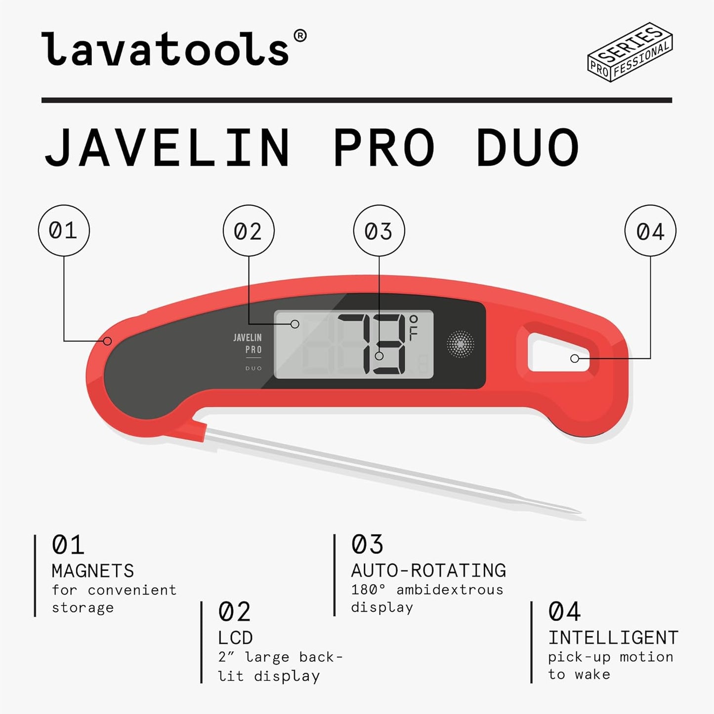 Lavatools Javelin® PRO Duo Ultra-Fast 2-Second Professional Digital Instant Read Meat Thermometer for Grill and Cooking, Auto-Rotating Backlit Display, IP65 Water Resistant, NSF Certified – Maize