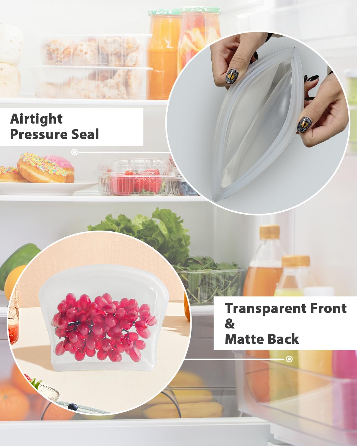 Reusable Silicone Storage Bag, 6Pack Pocket, Snack, and Sandwich Bag, Endurables Seal-Top Silicone Bags for Food Storage, Freezer, Microwave, Oven, Dishwasher Safe (Clear & Rose Quartz)