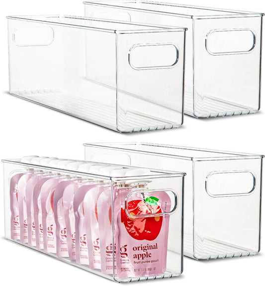 Plastic Food Storage 4 Pack Clear Container Bin with Handles for Organizing Kitchen, Pantry, Refrigerator, Freezer, Pantry, Cabinet, Closet, Bathroom. 14”x4”x5”