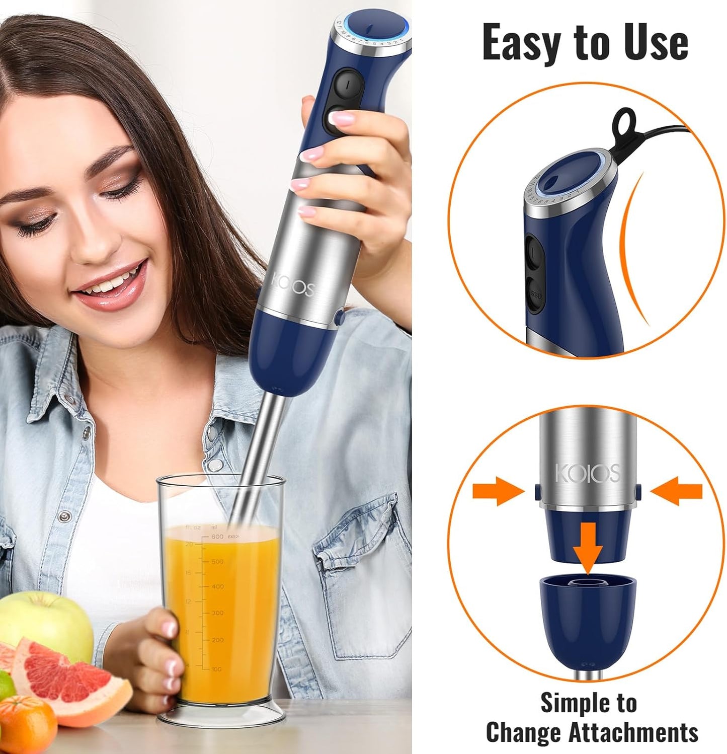 KOIOS 5-in-1 Hand Immersion Blender, 12 Speed Adjustable Emulsifier Handheld Blender, 1000W Copper Motor Stainless Steel Blade Hand Mixer with attachments, Blue