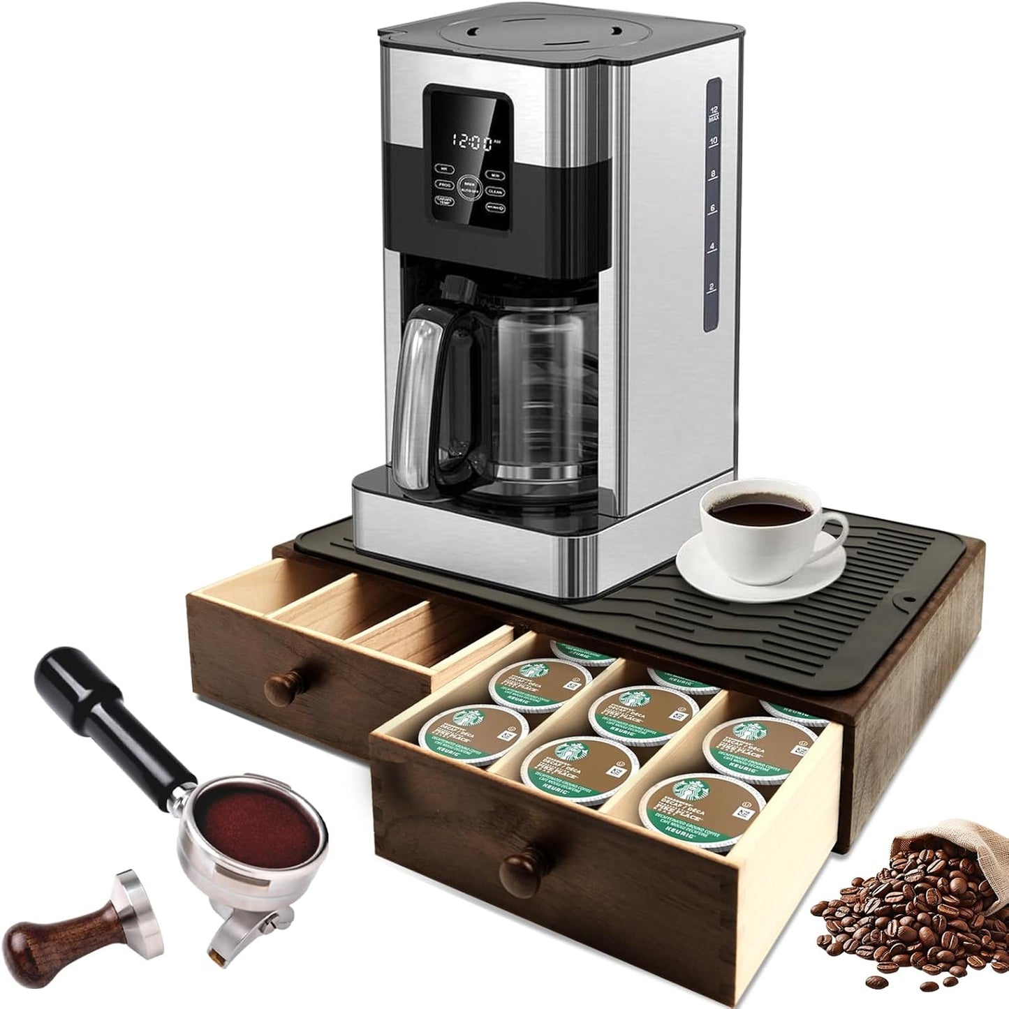 Wooden Coffee Pod Holder with Silicone Non-Slip Pad, Coffee Storage K Cup Organizer for Countertop, K Cup Drawer and Tea Organizer for Counter, Coffee Station Organizer (30 Pod Capacity)