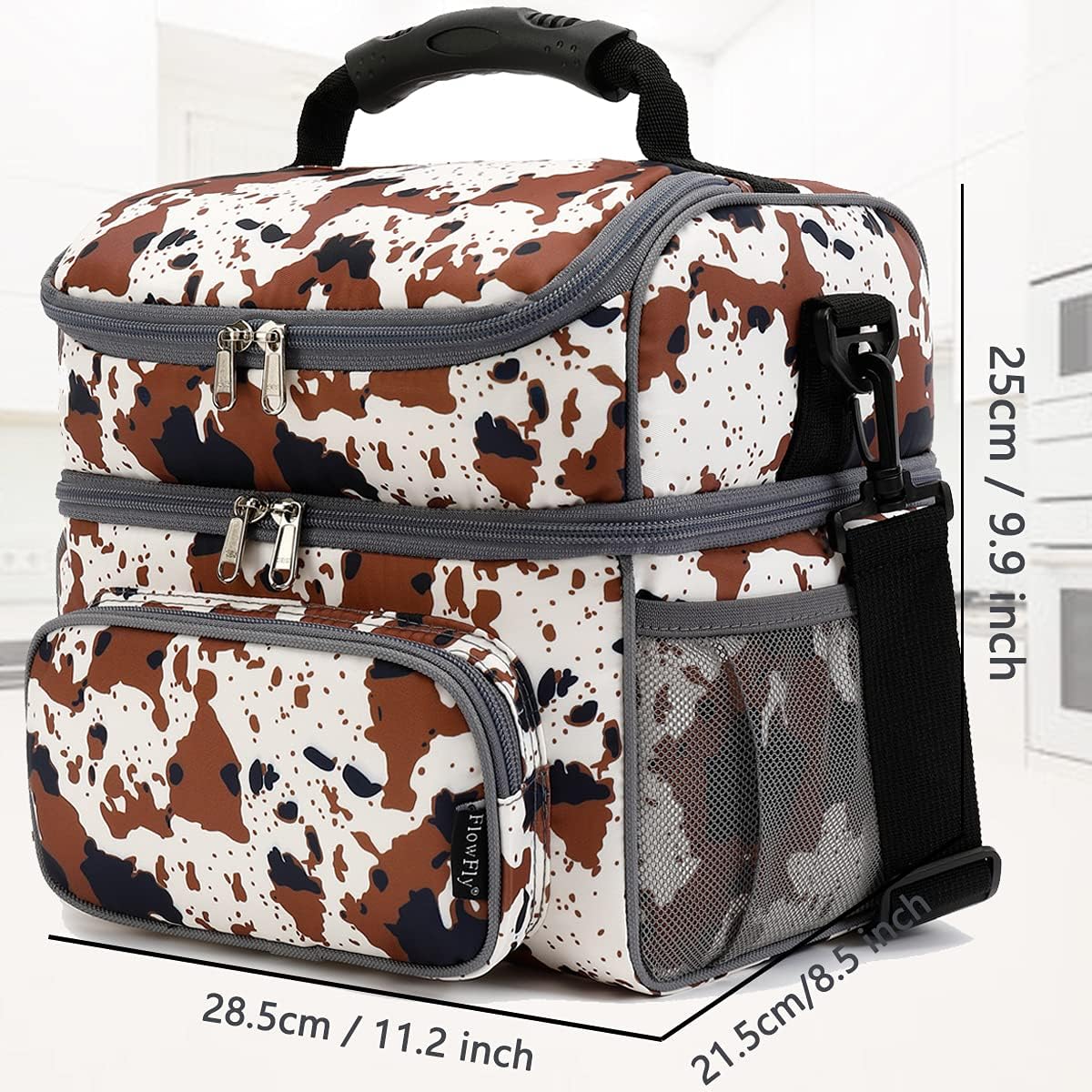 FlowFly Double Layer Cooler Insulated Lunch Bag Adult Lunch Box Large Tote Bag for Men, Women, With Adjustable Strap,Front Pocket and Dual Large Mesh Side Pockets