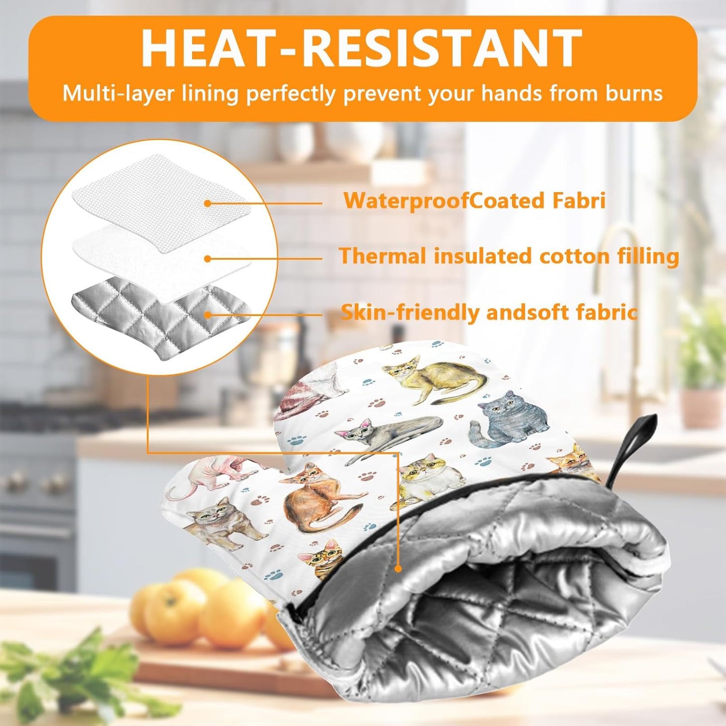 Cute Cats Oven Mitts and Pot Holders Sets 4Pcs,Extra Long Oven Gloves Potholder for Kitchen Cooking Baking BBQ 100% Cotton Heat Resistant