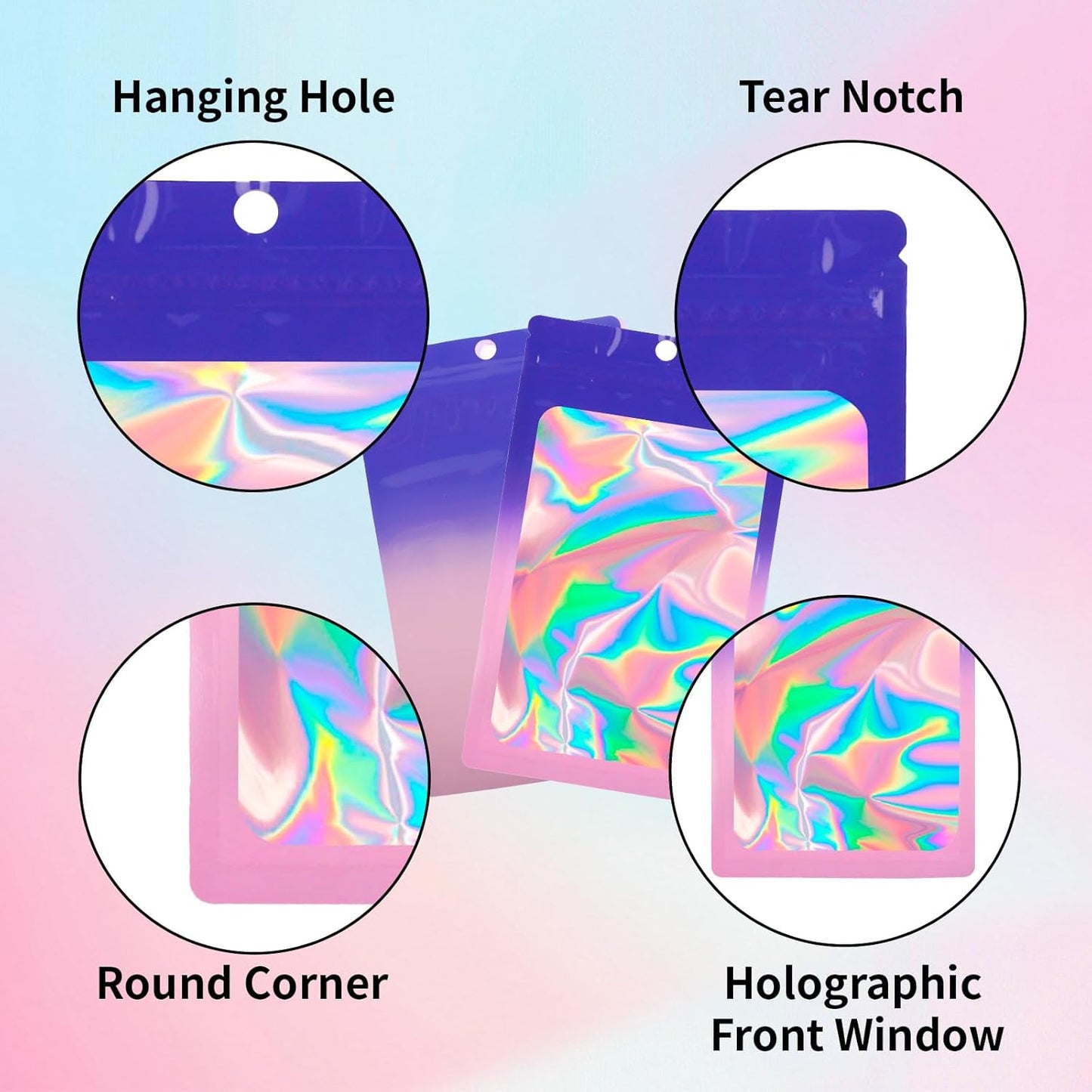 200 Pack Resealable Mylar Holographic Bags Food Storage Smell Proof Bags with Front Window Foil Packaging Pouch for Candy Sample Jewelry Small Business 4.72×7.87 Inch, Blue Fade Purple