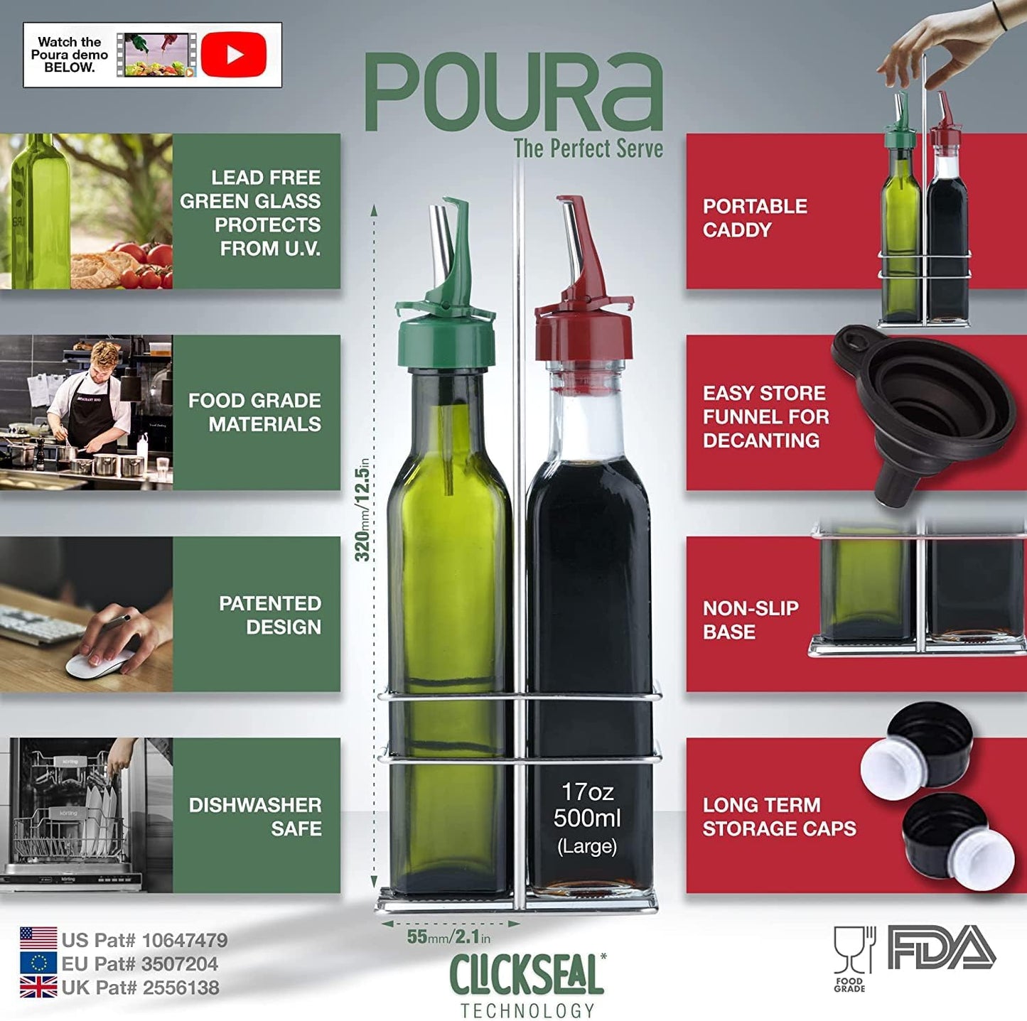 Poura Vinegar and Olive Oil Bottle Drizzler Set with Unique ClickSeal Pour Spouts | Glass Oil & Vinegar Dispenser Bottles for Cooking Kitchen Dining | Hygienic Covers + Silicone Decanter Funnel 500ml