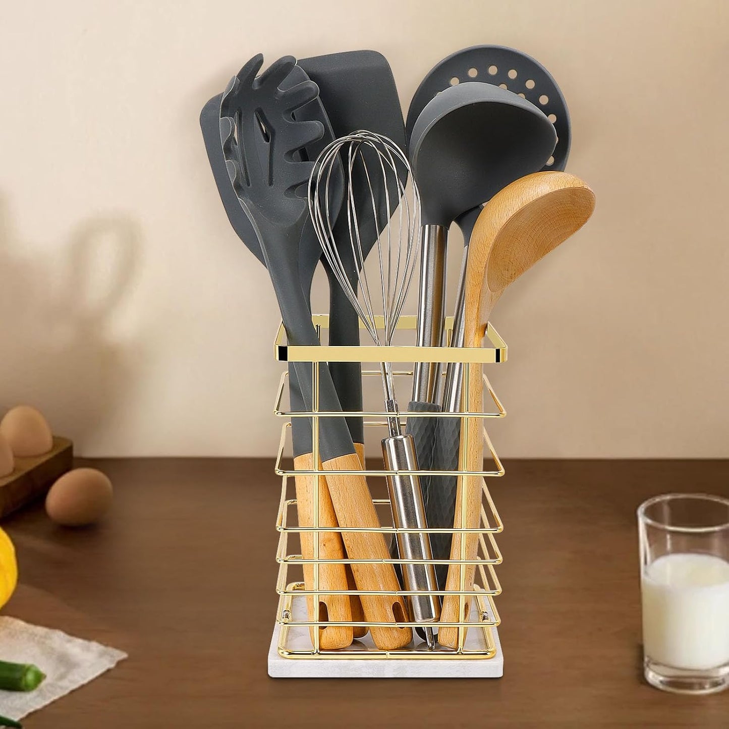 Square Kitchen Utensil Holder, Sturdy Metal Rack for Countertop Storage, Cooking Tools Organizer with Drainage Hole, Stylish Utensil Caddy for Effortless Kitchen Organization, with Marble Base