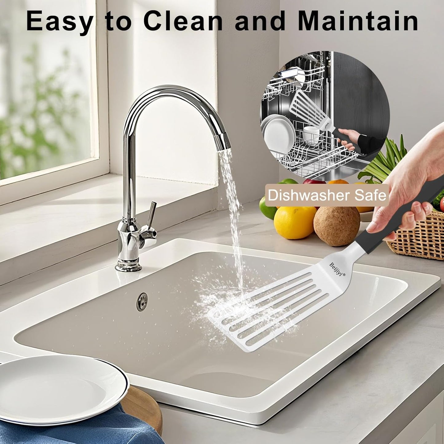 Beijiyi 11.3" Fish Spatula, Stainless Steel Slotted Spatula for Cooking Flipping Fish, Egg, Burger, Metal Kitchen Turner for Cast Iron Skillet with Silicone Handle, 1.2mm Thickened Blade