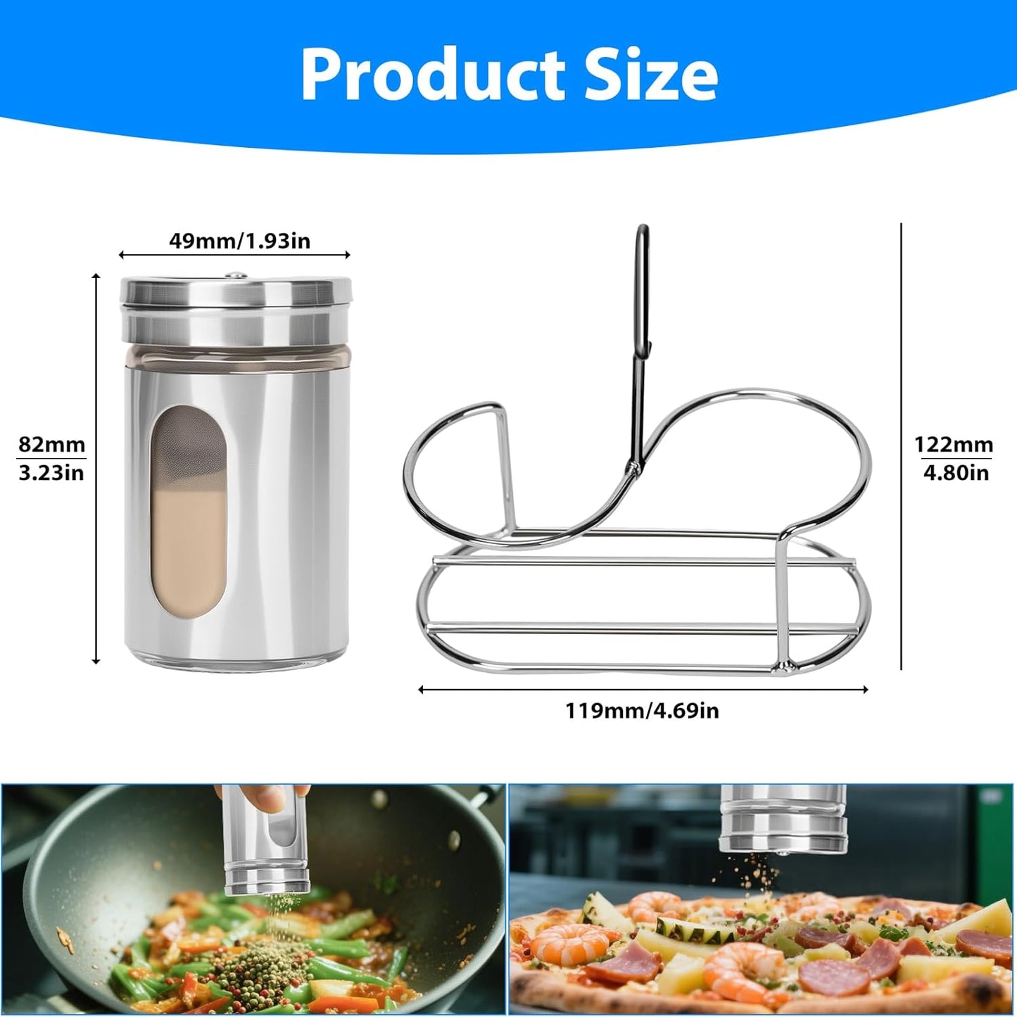 Glass Salt and Pepper Shaker Set with Seasoning Rack, Spice Rack, Adjustable Pour Hole Stainless Steel Lid, 2.8 oz, Spice Dispenser for Salt, Pepper, Spice Preservation (silver)