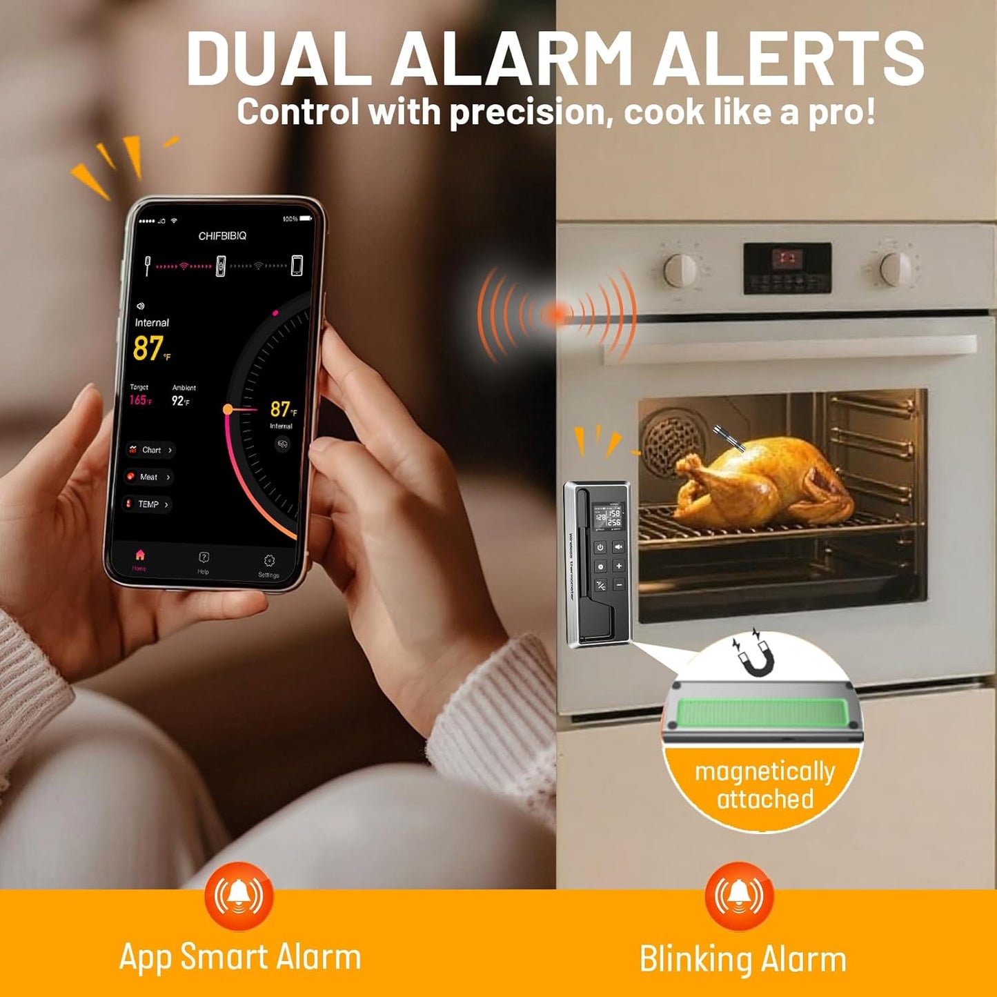 Wireless Meat Thermometer with Smart Timer & APP Control, 800ft Bluetooth Grill Food Thermometer - 0.19In-Ultra Thin Probe, ±0.5℉ Accuracy, Digital Backlit Screen for BBQ, Oven, Smoker, Kitchen