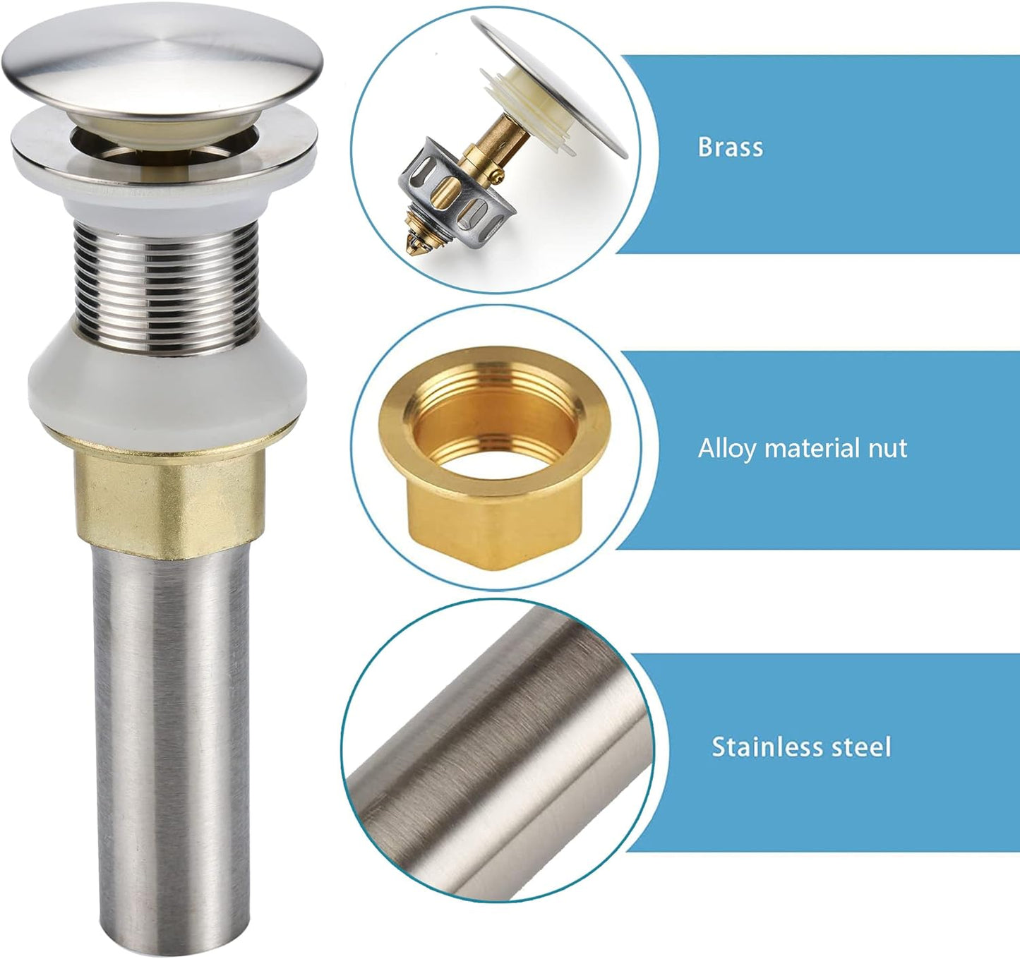 Bathroom Sink Drain,5 Pack Drain Stopper Bathroom Sink Without Overflow,Pop Up Drain Assembly with Detachable Strainer Basket,Built-in Anti-Clogging Strainer,Stainless Steel Brushed Nickel