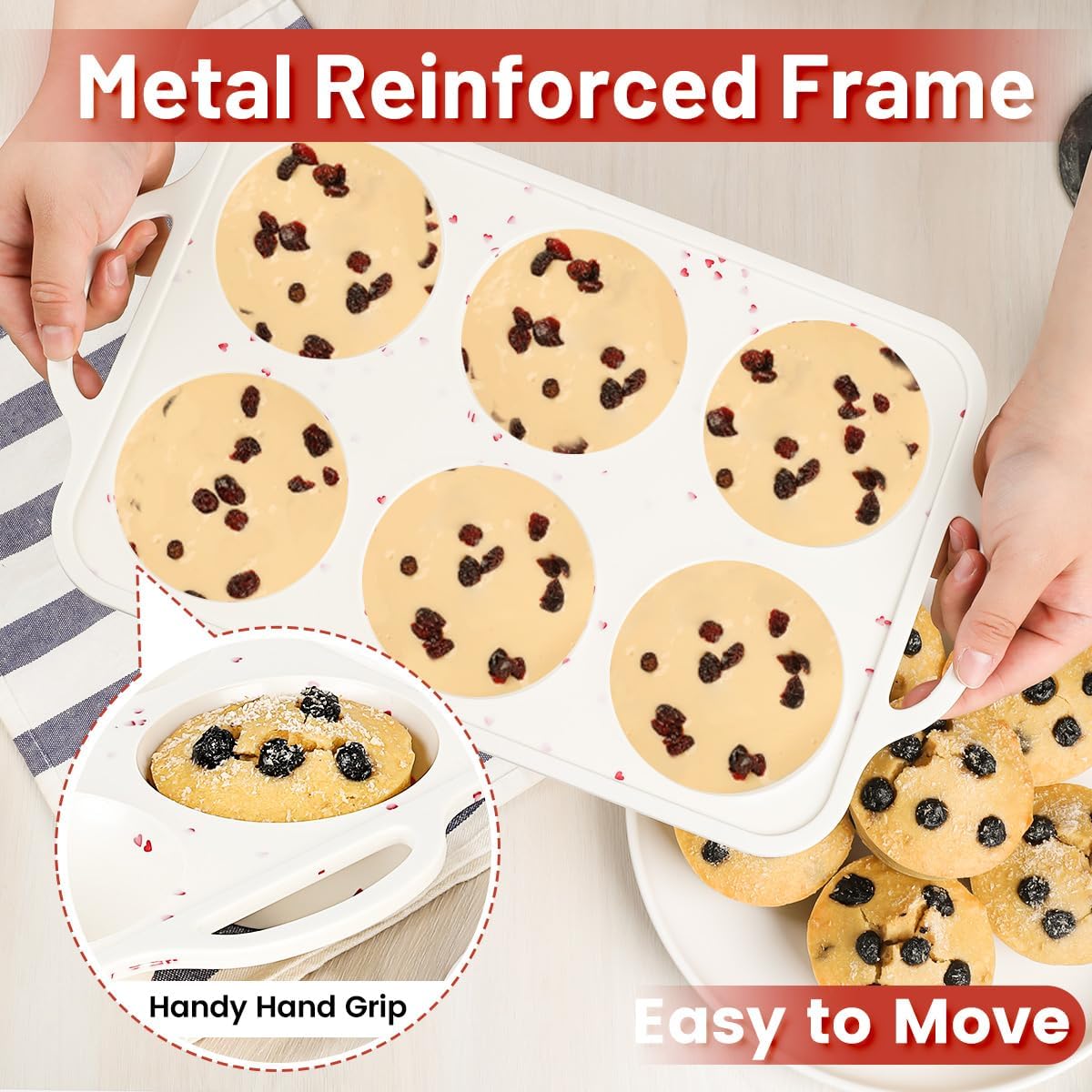 Jumbo Muffin Pan, Metal Reinforced Frame 3.5 Inch Large Silicone Cupcake Pan 6 Cups Large Muffin Pan with Handle Nonstick Jumbo Muffin Tin for Baking Giant Homemade Muffins, Frittatas 1 Pack