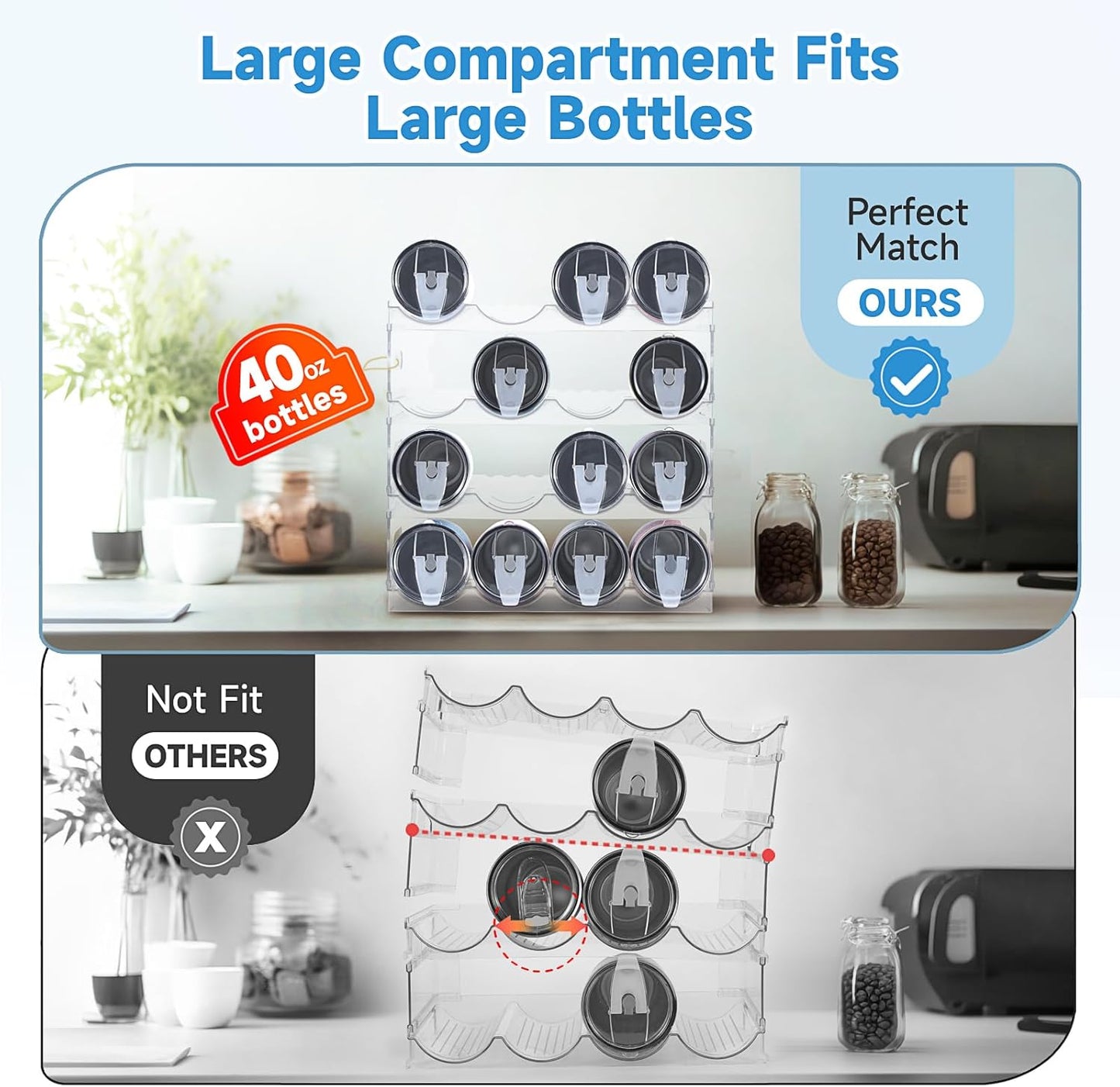 Large Compartment Water Bottle Organizer,4 Tier Stackable Water Bottle Rack for Cabinet,Tumbler Storage Organizer for Kitchen,Fridge,Cabinet Organization and Storage,Clear Water Bottle Storage Rack