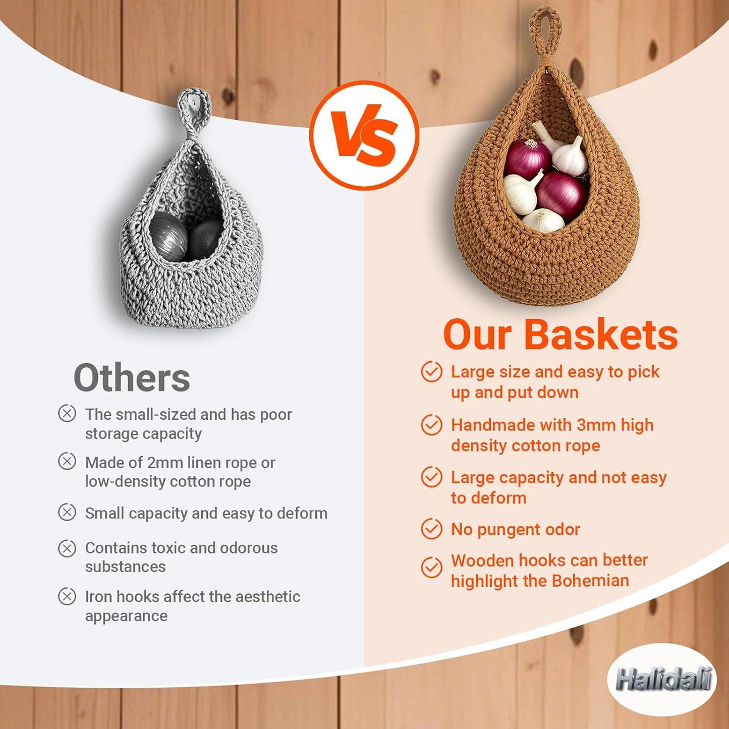 Hanging Fruit Baskets for Kitchen, 3 Pack Boho Cotton Rope Handwoven Vegetable Storage Wall Mounted Large Organizing Basket for Farmhouse Decor, Onion, Potato, Garlic and Plants (Caramel)