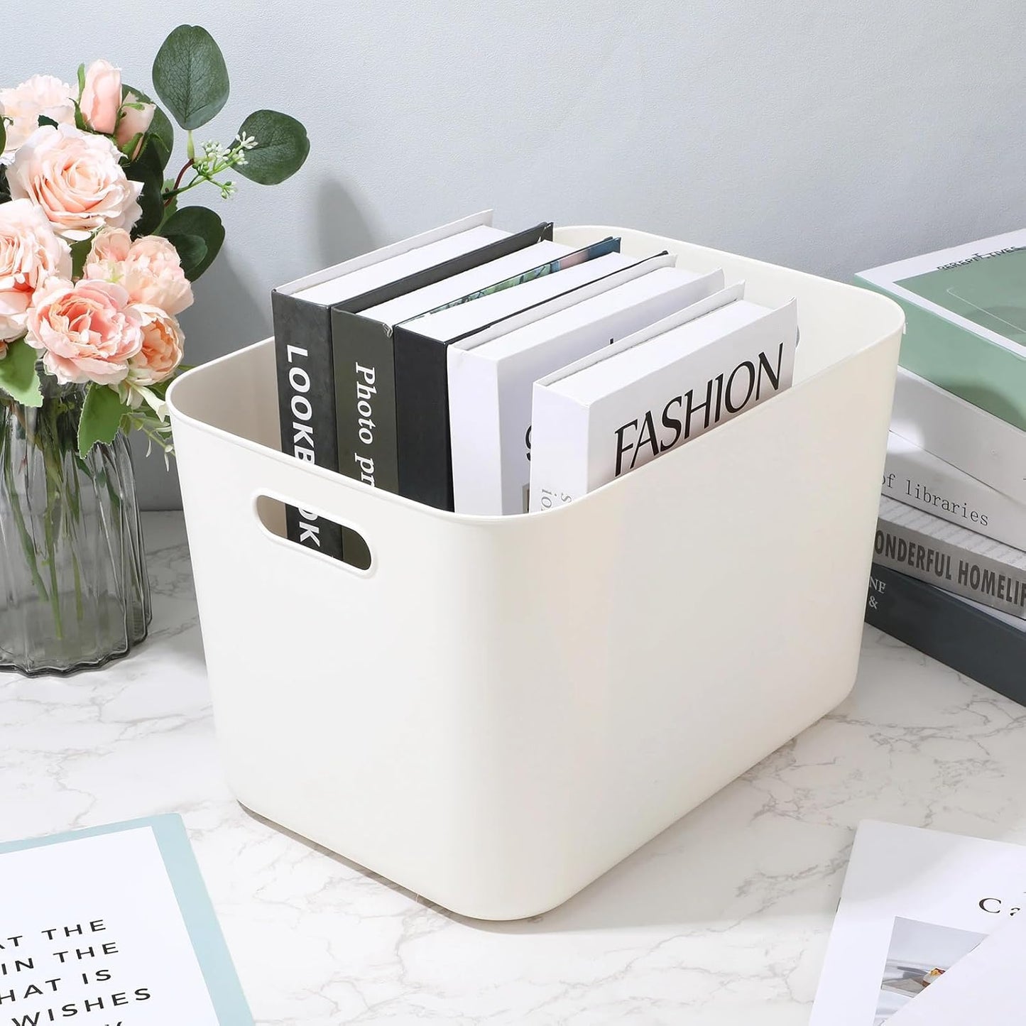 Zopeal Plastic Storage Bins 10 Pcs White Pantry Organizer Bins Small Baskets Storage Containers for Home Kitchen (14 x 10.5 x 9.5 Inch)