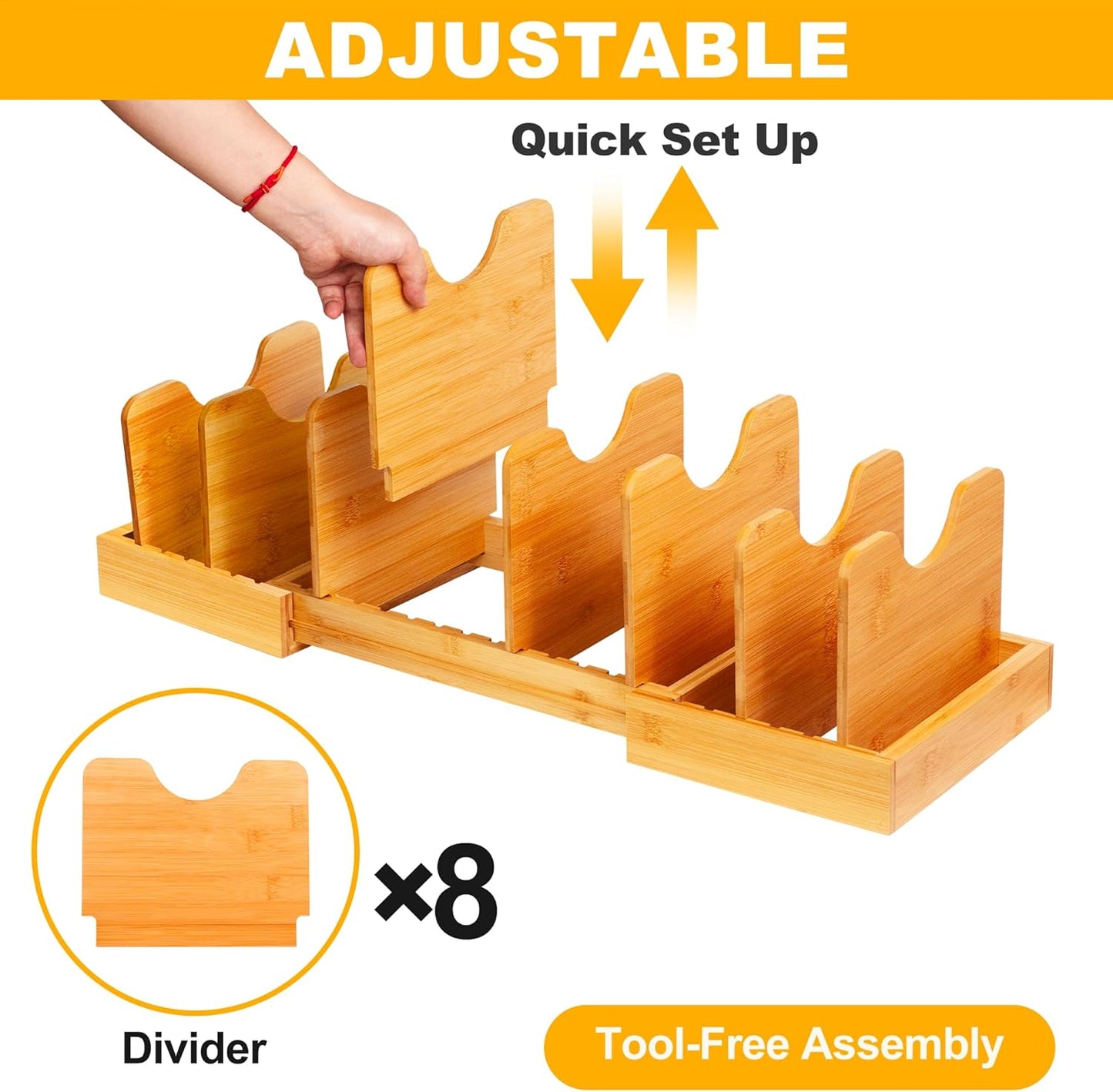 MinBoo Bamboo Expandable Pot Lid Organizer Pot Lid Holder, Pot and Pan Organizer Drawer Organizer for Pot Lids, Adjustable Dividers for Kitchen Cabinet Organizers and Storage,Large