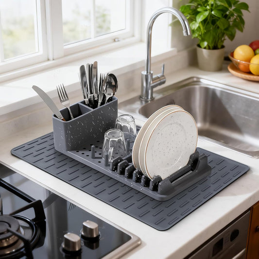 Silicone Dish Drying Rack with Mat - Foldable Space Saving Kitchen Sink Organizer, Countertop Drainer for Dishes Utensils (50x35cm Mat & Detachable Holder)
