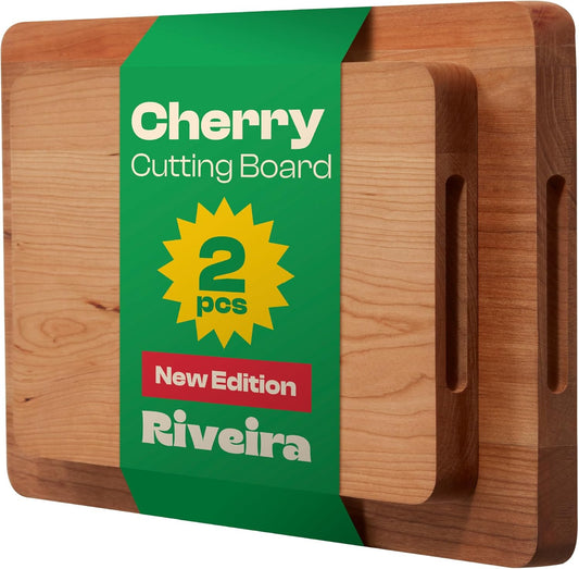 Riveira Cherry Wood Cutting Board – Versatile And Durable: Set Of 2 Pcs Rectangular Wooden Cutting Board – Natural Wooden Cutting Boards For Kitchen – Complete Cherry Wooden Chopping Board