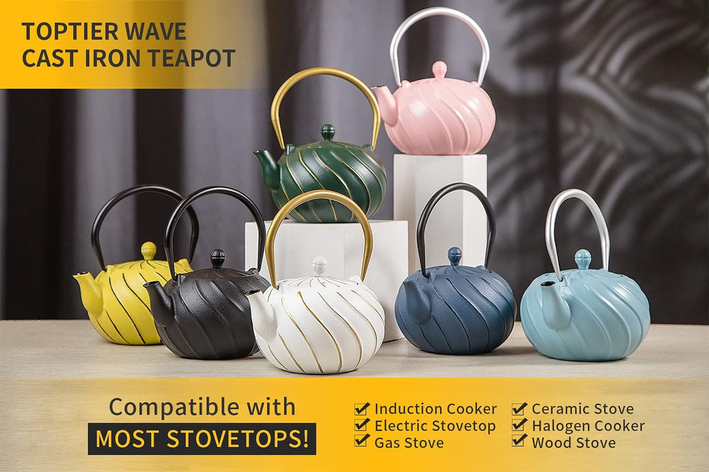 Tea Kettle, TOPTIER Japanese Cast Iron Teapot with Infuser, Cast Iron Tea Kettle Stovetop Safe, Wave Design Teapot Coated with Enameled Interior for 30 Ounce (900 ml), Midnight Black