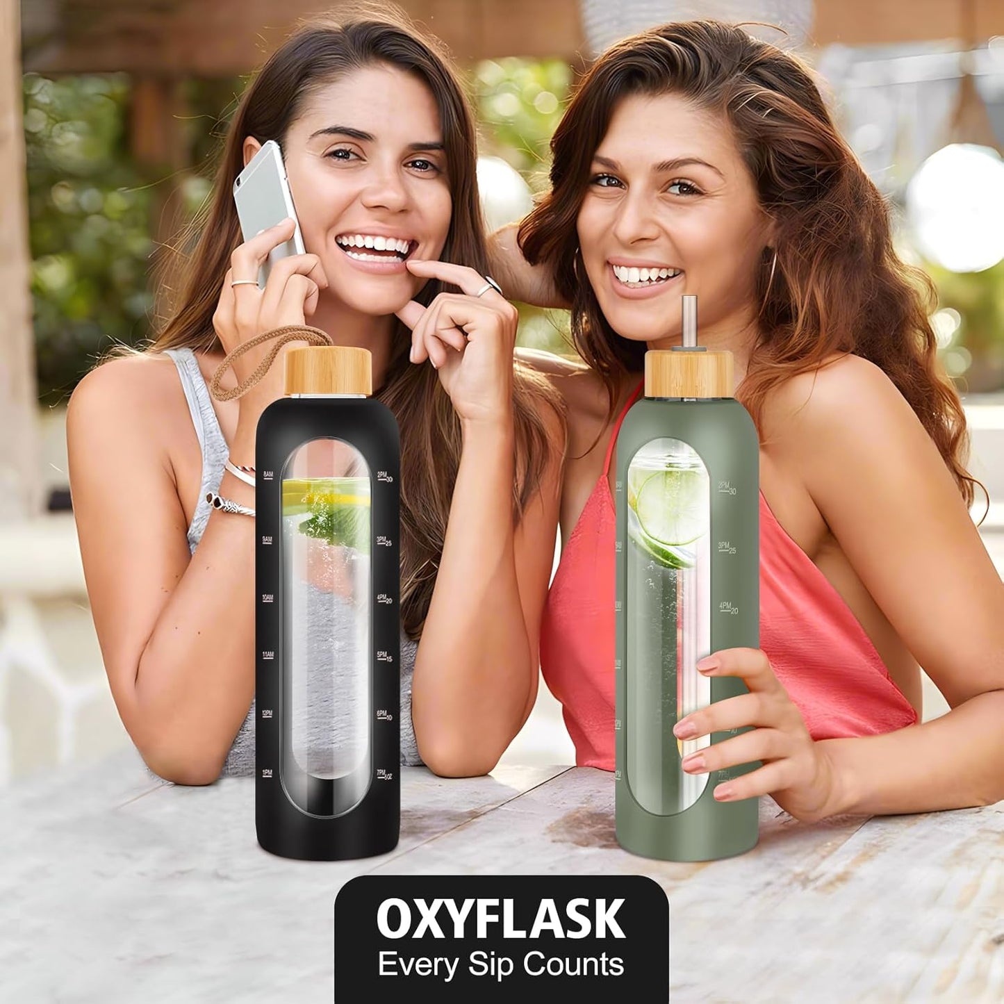 Glass Water Bottles 32 oz - Motivational Drinking Glass Water Bottle with Silicone Sleeve, Straw & 2 Bamboo Lids - 1 Liter Clear Borosilicate Daily Intake Tumbler with Time Marker - Glow in Dark